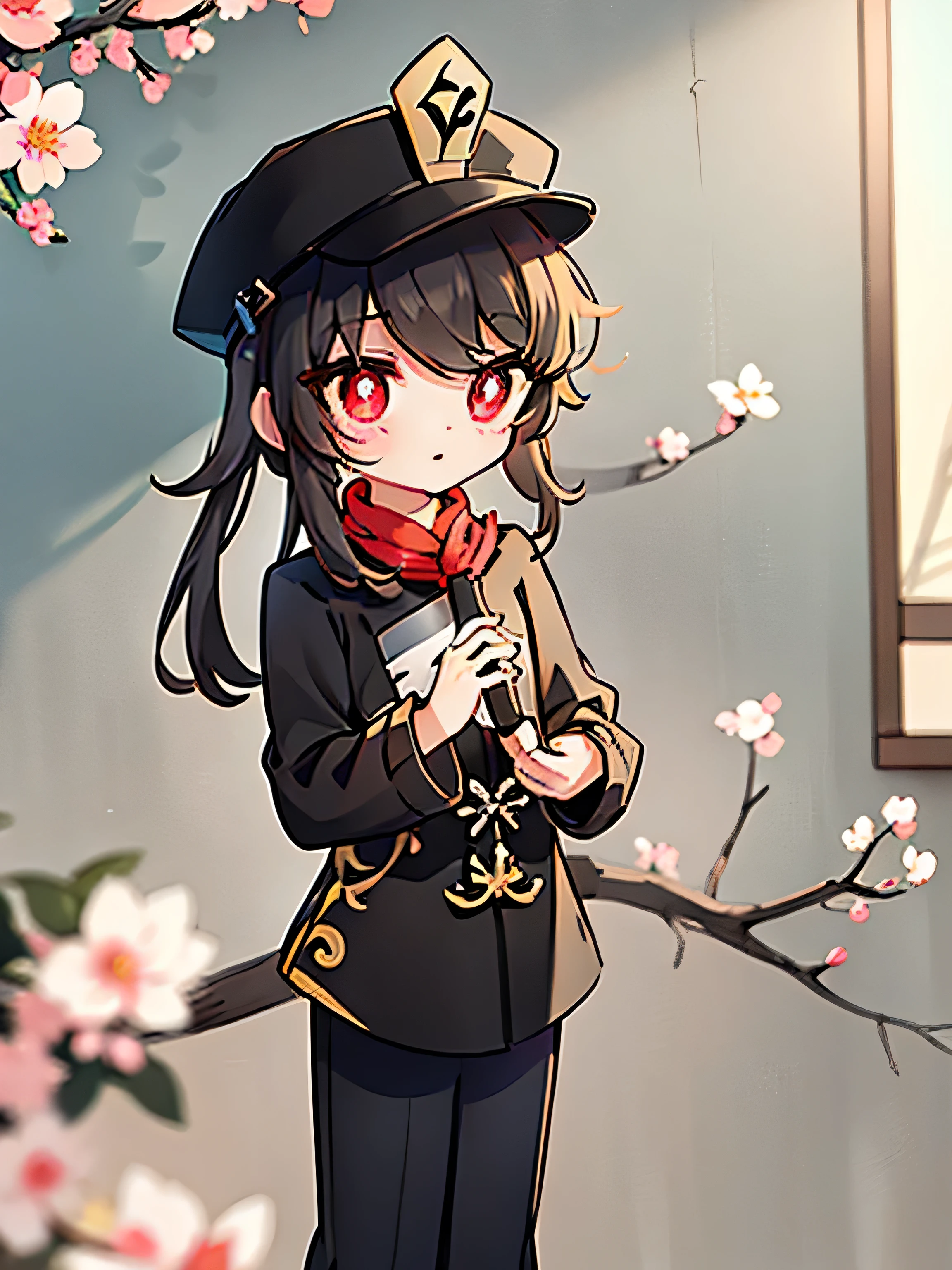 
2d, masterpiece, best quality, anime, highly detailed eyes, highly detailed face, highly detailed background, perfect lighting, cowboy shot, feet out of frame, 1girl, solo, standing, hu tao \(genshin impact\), symbol-shaped pupils, flower-shaped pupils, hat, red flower, red eyes, cherry blossoms , black pants