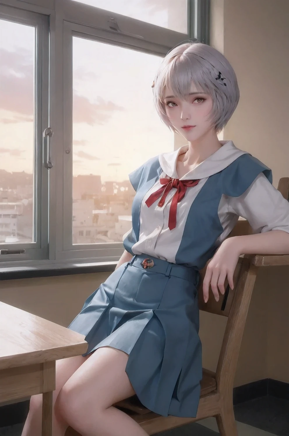 1 girl, Ayanami, Evangelion, 8K, best quality, school uniform, classroom, gentle smile, sitting in chair, looking out the window, dusk light, more details