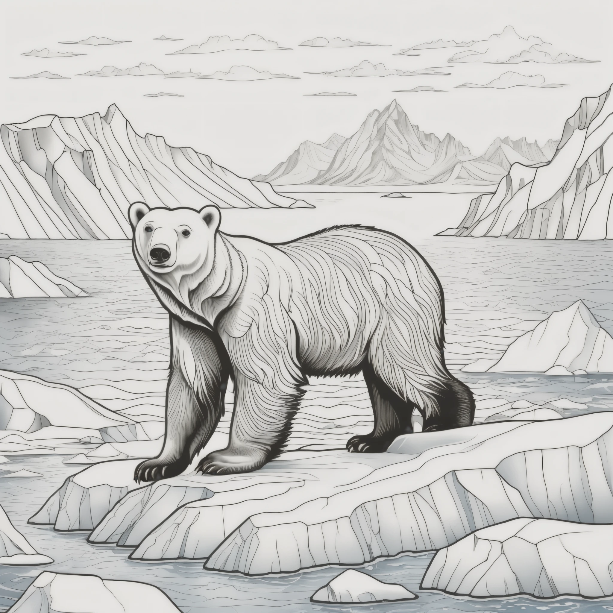 A highly detailed, hyper-detailed 8K drawing of a cute colorless polar bear on the sea ice off the coast of the colorless Arctic islands, in a highly detailed colorless circumpolar arctic background, line art, and Pixar style for a coloring book, detailed background of Arctic sea areas without color, ColoringBookAF, coloring books blank white background, and Redmond coloring book without color