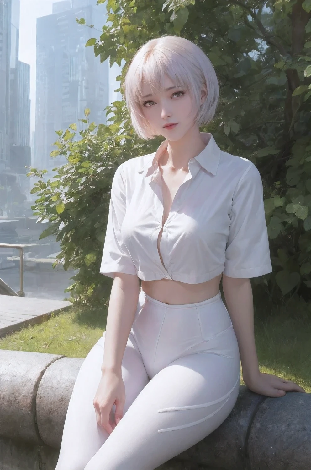 A Masterpiece, best qualityer, 1girl, Ayanamirei, white shirt, black leggings, Seated, wide thighs, looking at viewer, City Park, erotica