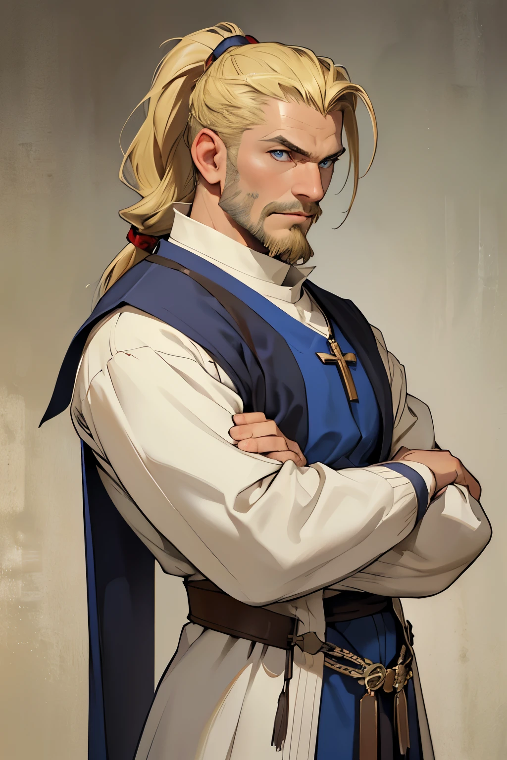 MASTERPIECE, Medieval background, Old, ((facial shaved hair)) ((realistic)), Waist, 1man, solo, male, strong, ((mature male)), ((blonde)), ((short ponytail)), Straight posture, detailed blue eyes, medieval outfit)), ((priest)) ((determinated face)), ((facial hair)), ((Clerig outfit))