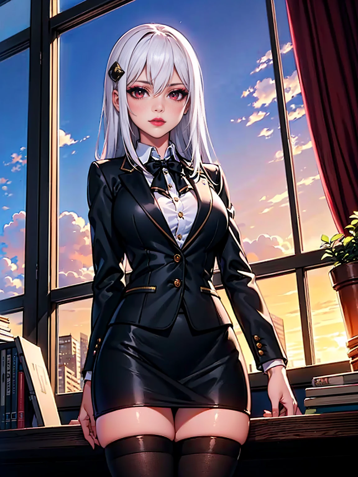 ((1girl, solo, alone, Ninym, white hair, red eyes, hair ornament, small breasts, long hair, fitness)), ((solo, (1woman, pink lipstick), Extremely detailed, ambient soft lighting, 4k, perfect eyes, a perfect face, perfect lighting, a 1girl)), austere, ((officelady, (businesswoman, (black suit, woman suit), black tight skirt), black blaze, White blouse, Black tights, Office, lana, Beautiful woman, gazing at viewer, Looking here, hight resolution, top-quality, fitness body, animations, illustratio, office, penthouse, executive room, large window, landscape of a metropolis, sunset, clouds)), documents, books, table, shelves, pencil holder, computer