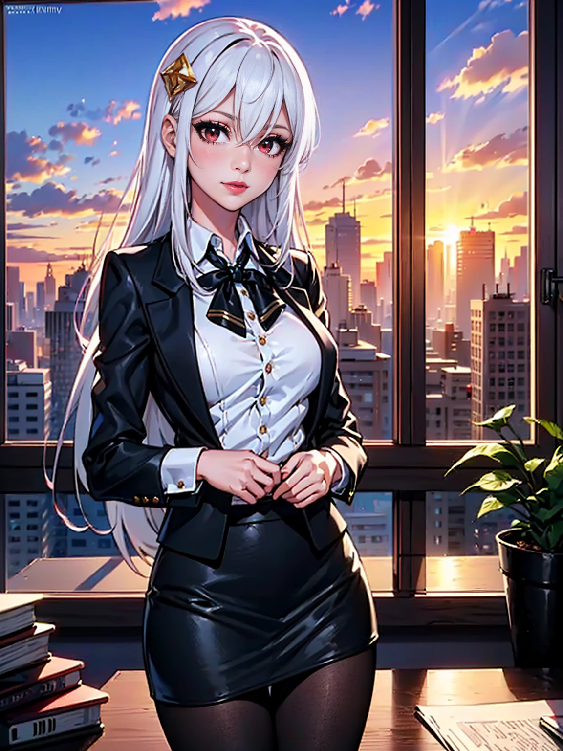 ((1girl, solo, alone, Ninym, white hair, red eyes, hair ornament, small breasts, long hair, fitness)), ((solo, (1woman, pink lipstick), Extremely detailed, ambient soft lighting, 4k, perfect eyes, a perfect face, perfect lighting, a 1girl)), austere, ((officelady, (businesswoman, (black suit, woman suit), black tight skirt), black blaze, White blouse, Black tights, Office, lana, Beautiful woman, gazing at viewer, Looking here, hight resolution, top-quality, fitness body, animations, illustratio, office, penthouse, executive room, large window, landscape of a metropolis, sunset, clouds)), documents, books, table, shelves, pencil holder, computer