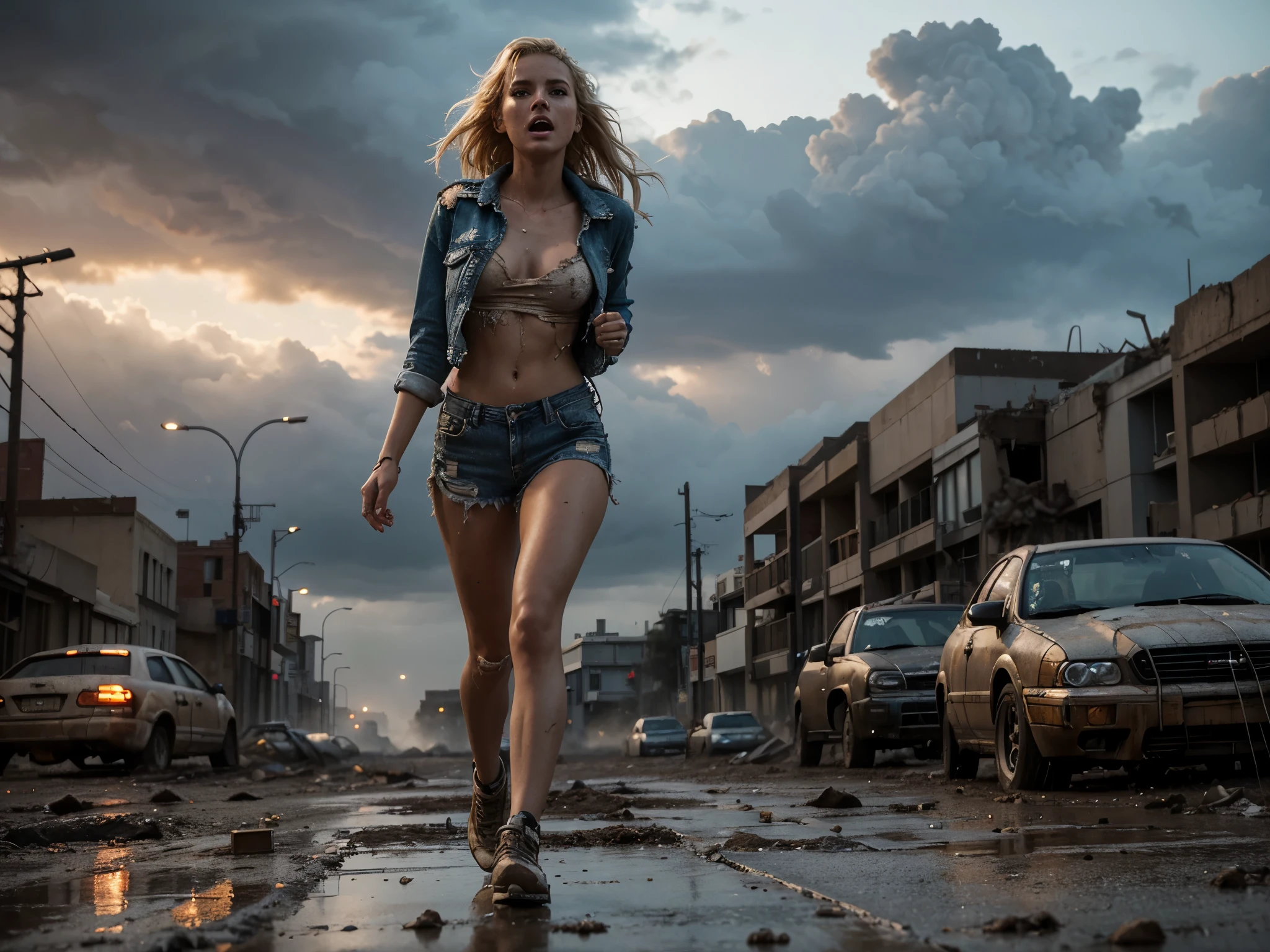 1 beautiful blonde woman running with a terrified expression,ripped denim open shirt,part naked,,streaked with dirt and grime, clothing torn,chased by aliens,part destroyed buildings, a post apocalyptic street, damaged cars,raining,stormy,alien horror movie,cinematic,masterpiece