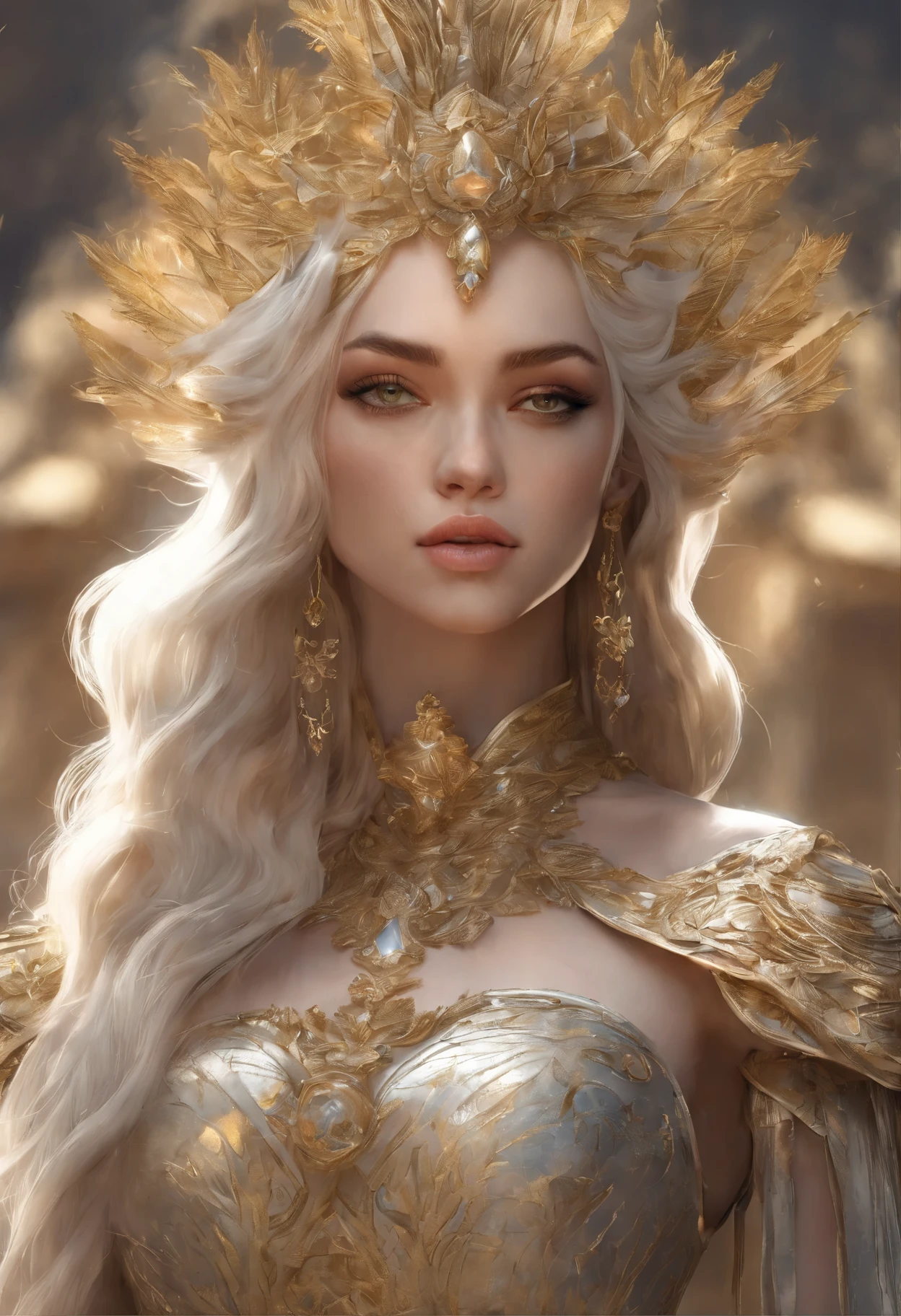 mulher loira com um vestido dourado posando em um campo, obras de arte no estilo de guweiz, princesa de cabelos loiros, karol bak uhd, Deusa Loira, estilo de arte de fantasia, linda donzela de fantasia, wlop e ross tran, blonde elven empress, linda mulher de anime sedutora, inspirado em WLOP, O primeiro trabalho de Guweiz, realistic fantasy rendering