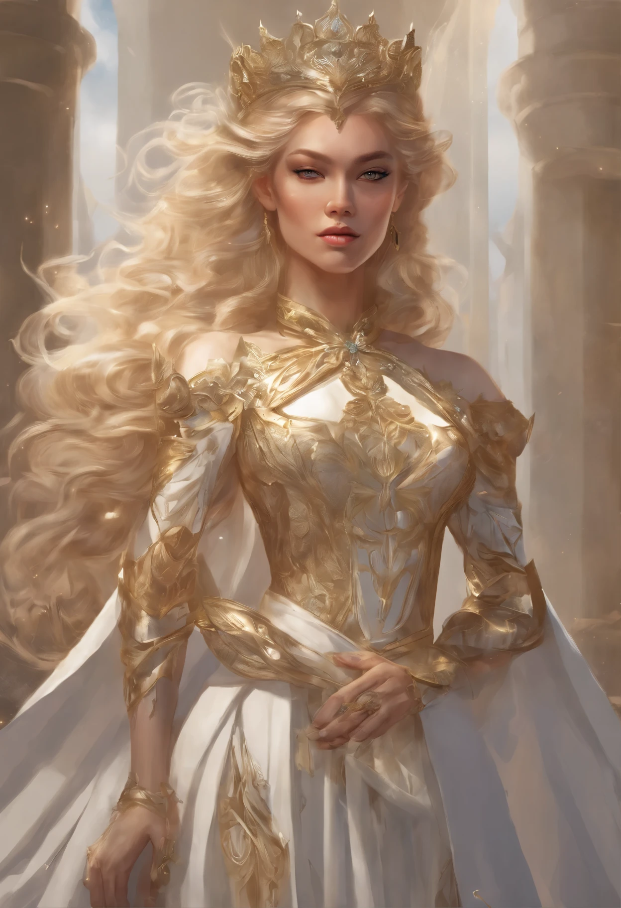 mulher loira com um vestido dourado posando em um campo, obras de arte no estilo de guweiz, princesa de cabelos loiros, karol bak uhd, Deusa Loira, estilo de arte de fantasia, linda donzela de fantasia, wlop e ross tran, blonde elven empress, linda mulher de anime sedutora, inspirado em WLOP, O primeiro trabalho de Guweiz, realistic fantasy rendering