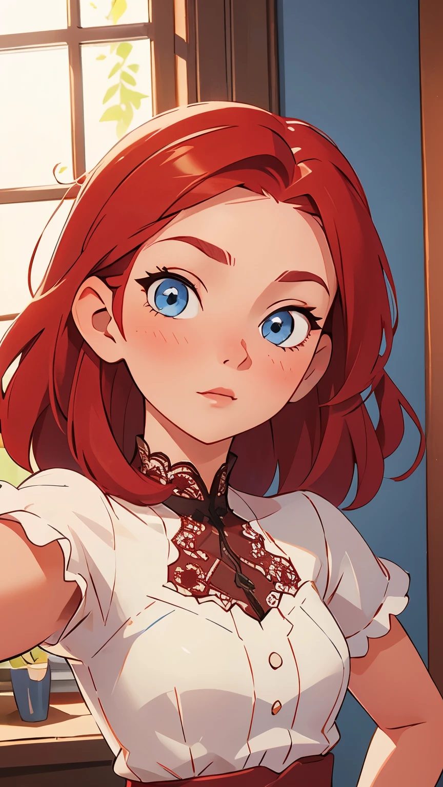 masterpiece, a beautiful young woman with medium red hair and blue eyes, taking a selfie, wearing a lace top