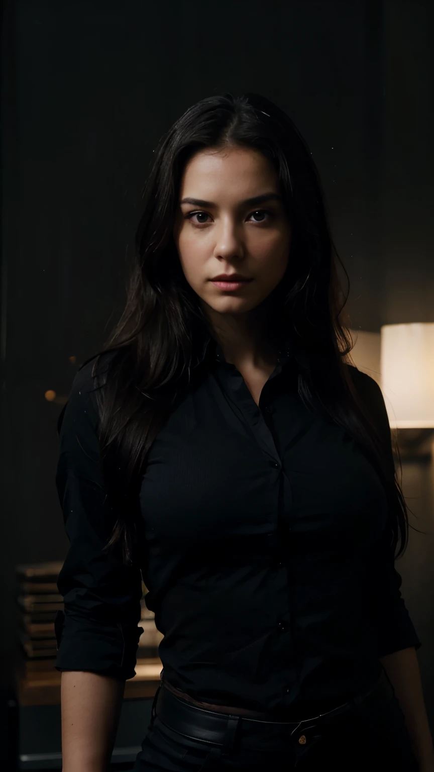 portrait of a girl, beautiful girl, in black shirt, strict shirt, business shirt, buttons undone at the top, athletic figure, natural beauty, European appearance, long hair, black hair, posing in a dark studio, (rim lighting,:1.4) two-colour lighting, red light, sharp focus, turquoise hue, octane number, unrealistic, dimly lit, restrained, unrealistic, dimly lit, unrealistic, unrealistic.