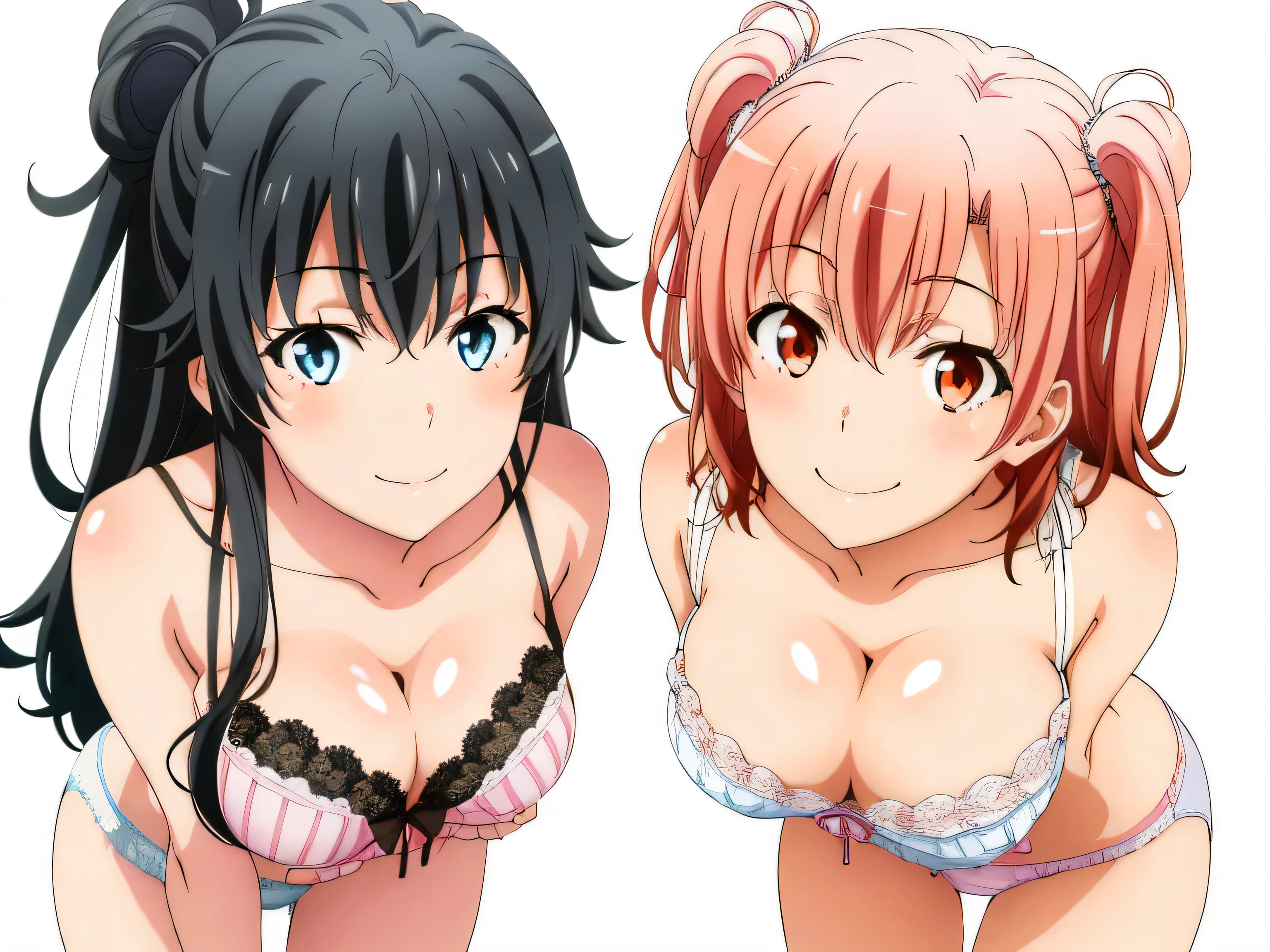 ((2 girls:1.0)), (Yuigahama Yui shapely breasts),(Yukinoshita Yukino),pin up,In underwear,pure white lace panties,,Ribbon on panties,pale pink panties,thighs,knees,front,looking at camera,(high angle),smile,open your mouth,Panoramic view of the head,beautiful eyes