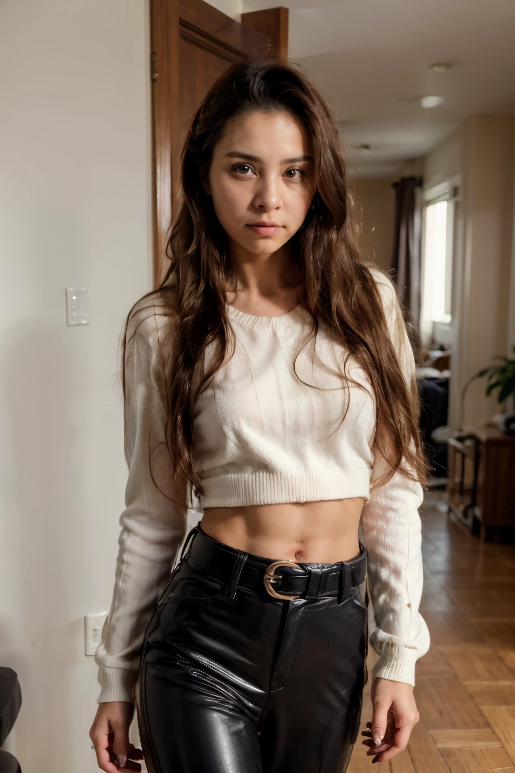 bigfaketits, primeiro plano: Uma linda mulher europeia, 18 anos, cabelos ondulados molhados ao vento. She is a men&#39;s magazine model, She has a subtle smile and flirts with the camera, (She wears casual shirt with long woolen sweater and latex pants with big belt:1.2),fundo lindo quarto moderno, Olhos perfeitos, perfect hands, corpo perfeito, cabelo perfeito, peito perfeito, hair behind the ear, Ultra HD, Retina, obra de arte, Preciso, anatomicamente correto, Pele Texturizada, Super detalhe, Detalhes altos, alta qualidade, premiado, melhor qualidade, high resolution, 16K, 8K,