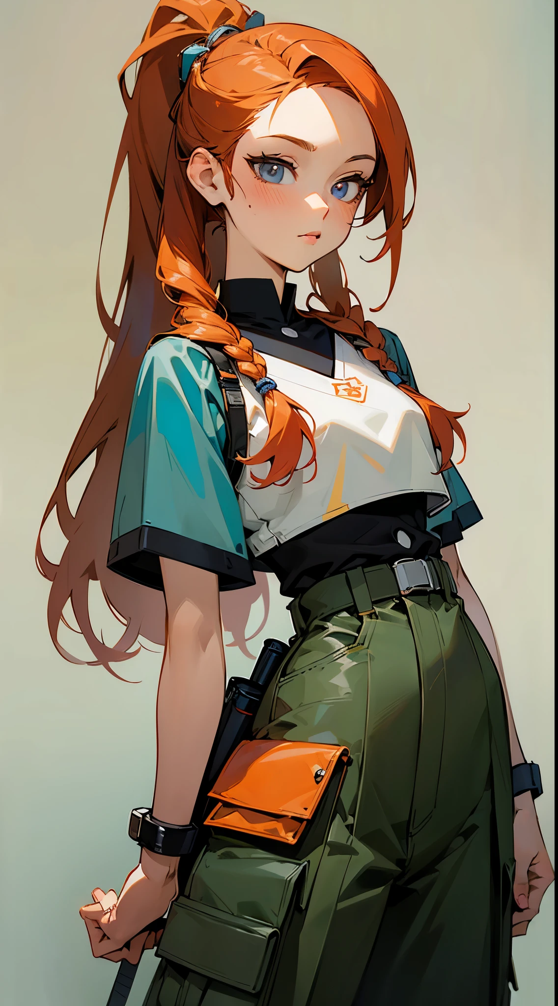 ((masterpiece, best quality)) semi realistic anime style, in an anime style, anime style portrait, clean detailed anime style, realistic anime art style, anime realism style, realistic anime art style, anime style, anime style character, 21 years old woman realistic anime, anime style illustration, long braided hair with ponytail, ginger hair with colorful strands, modern outfit, cute patterned crop-top with high waist adjustable cargo pants, glittering clothes