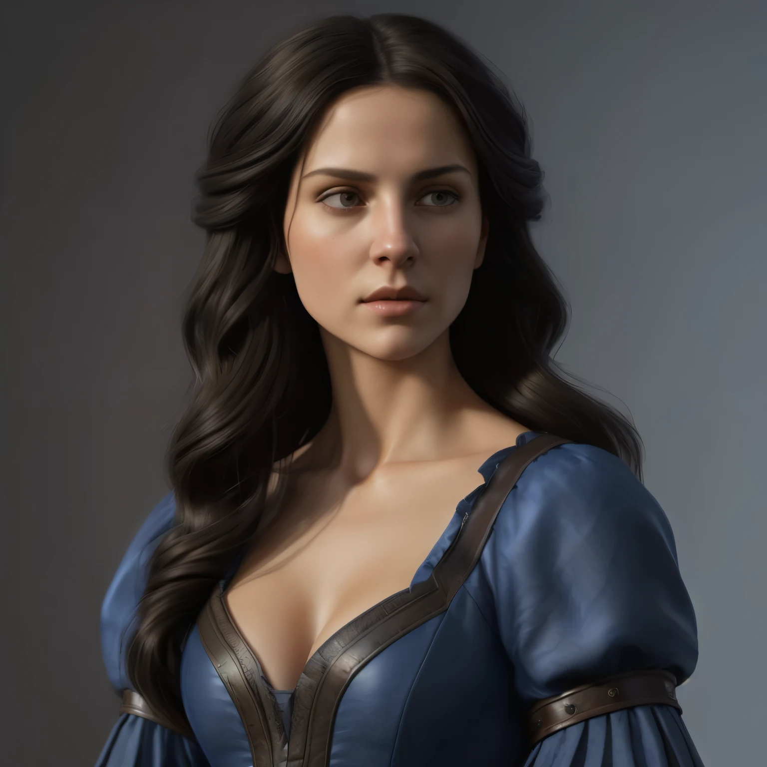 Renaissance style, UHD, perfect composition, ((Extremely realistic)) ((Extremely detailed)) ((anatomically correct)) full body portrait of an ((emotionless)) (slim) (()) white young female lady ((Sinewy muscle)) in (worried expression), (wavy black hair), ((flat-chested)), (((long blue peasant kirtle dress))) ((long sleeves)), (ponderous), leather utility belt, black background, greg rutkowski, Robert Oxley, concept art, vfx, intricate, high detail, 8k resolution, hyperrealistic, chiaroscuro, full body shot, complex, textured, trending on /r/art, anatomically correct, octane render, fantasy, medieval, very beautiful, atmospheric perspective, hard lighting, epic, powerful, rule of thirds, -ar 16:9, -stylize 60000, -quality 5