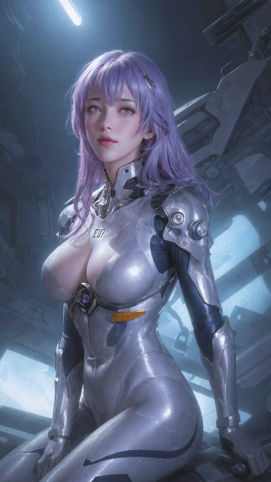 full body,(best quality,4k,8k,highres,masterpiece:1.2),ultra-detailed,(realistic,photorealistic,photo-realistic:1.37),rei ayanami,adult version,30 years old,evangelion body suit,dark,long purple hair,beautiful detailed eyes,beautiful detailed lips,extremely detailed eyes and face,long eyelashes,serious expression,futuristic city backdrop,neon lights,blue and purple color palette,portraits,studio lighting,vivid colors