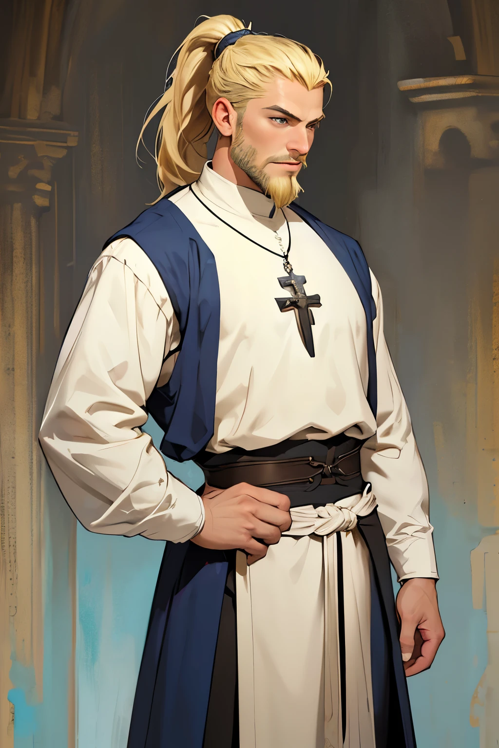 MASTERPIECE, Medieval background, Old, ((facial shaved hair)) ((realistic)), Waist, 1man, solo, male, strong, ((mature male)), ((blonde)), ((short ponytail)), Straight posture, detailed blue eyes, medieval outfit)), ((priest)) ((determinated face)), ((facial hair)), ((Clerig outfit))
