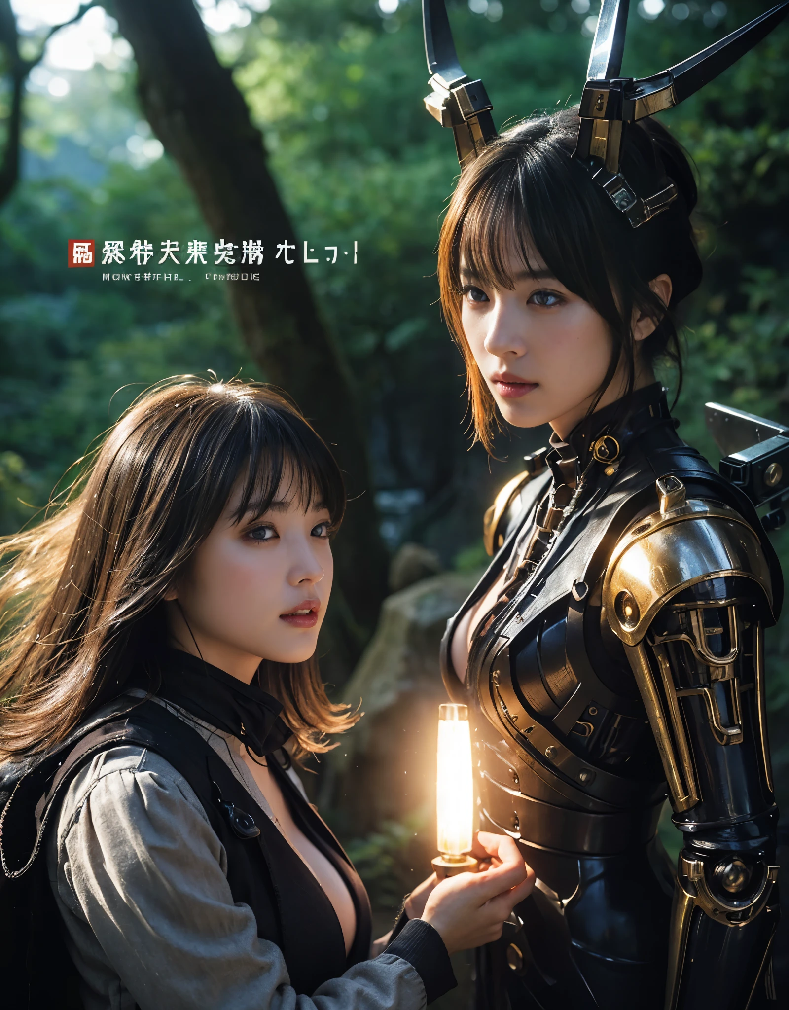 ((battle with monsters))、highest quality、masterpiece、ultra high resolution、(Photoreal:1.4)、RAW photo、1 girl、golden hair、glowing skin、(((1 Mechanical Girl)))、with a beautiful knife、(Blue Metal Bodysuit)、(beautiful forest background)、(battle with monsters)、(Small LED)、((Ultra realistic details))、vertical giant monster background),global illumination、Shadow、octane rendering、8k、super sharp、big breasts、The bare skin of the cleavage is exposed、Metal、intricate decorative details、Japan details、very intricate details、realistic light、Trends in CG society、red eyes、Eyes shining towards the camera、Mechanical vertebrae attached to back with mechanical edge blood vessels connected to neon details tubes、cervical vertebrae mechanically attached to the neck、(Wires and cables connecting to the head)、gundam、Small LED、,mechanical thighs、2 stocks、(Hands are also made of machineonster attack)、(injured in a deadly fight)、