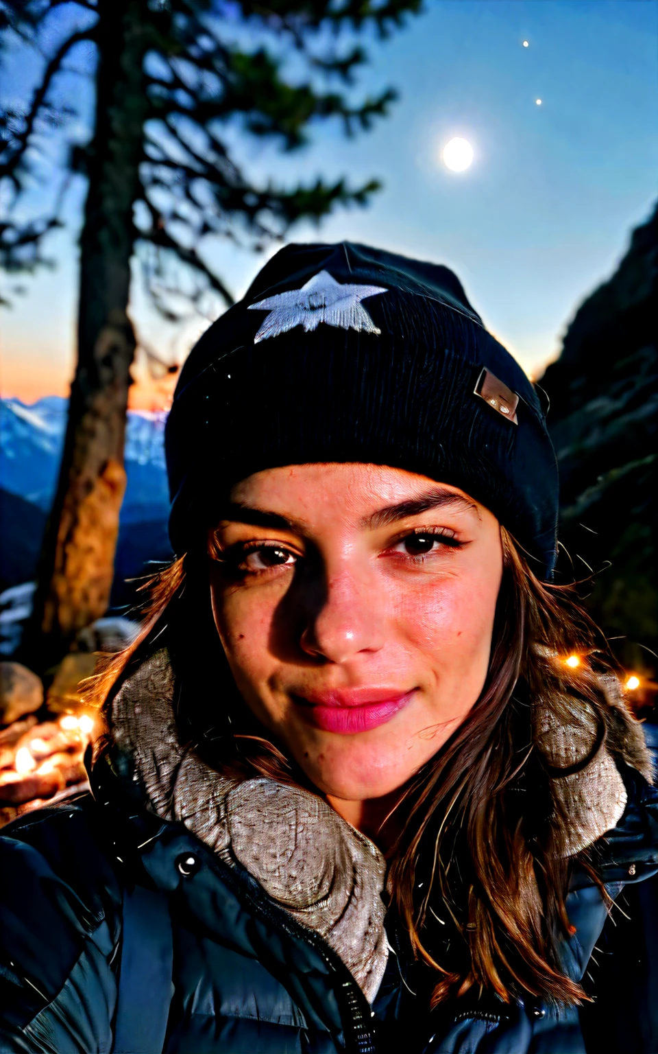 Nsfw photorealistic, best quality, hyper detailed, beautiful woman, selfie photo, upper body, solo, outdoors, (night), mountains, real life nature, stars, moon, (cheerful, happy), sleeping bag, gloves, beanie, flashlight, forest, rocks, river, wood, smoke, fog, clear sky, analog style, looking at viewer, skin texture, film grain, close up, ultra high res, best shadow, RAW, instagram LUT, naked, Pussy from the front
