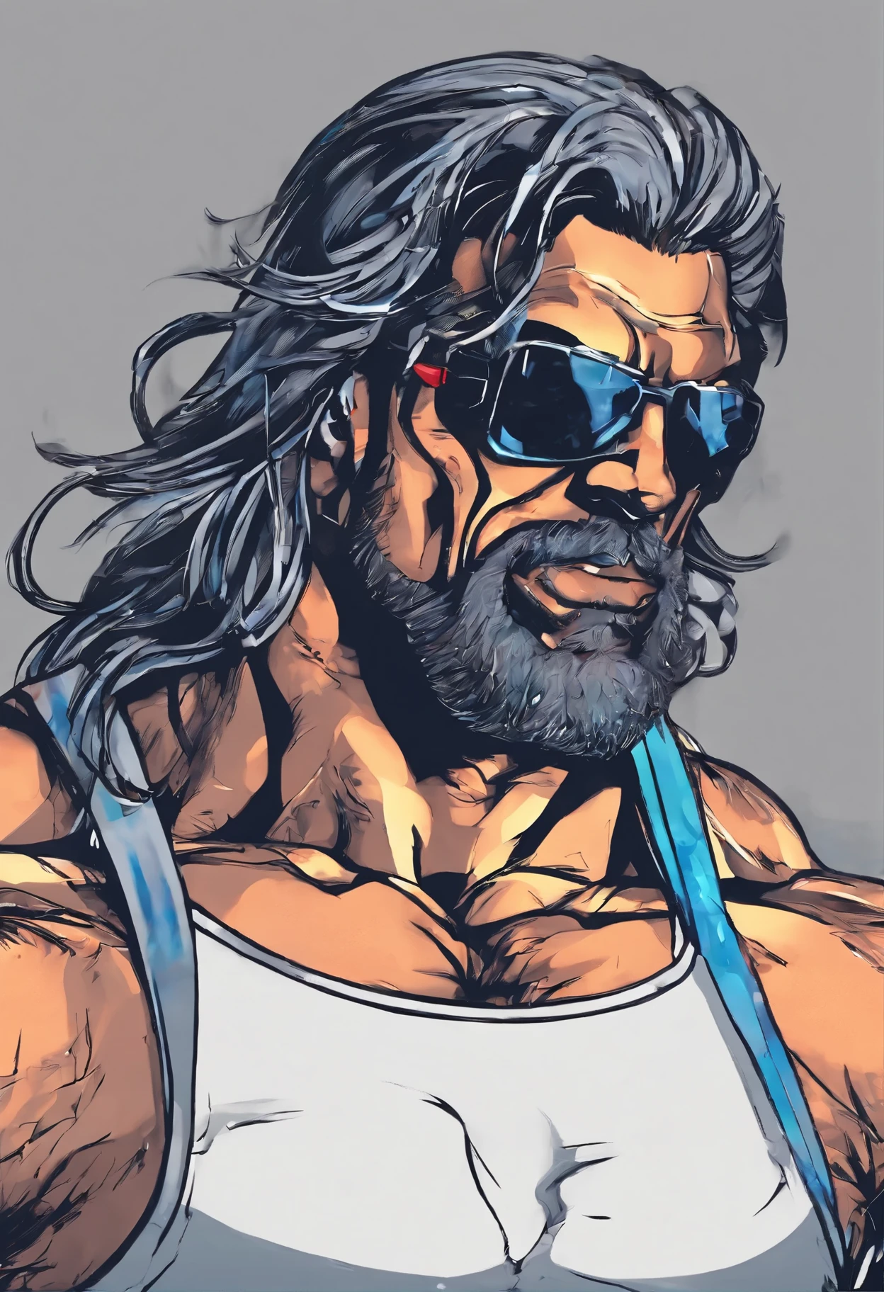 a close-up of a man with long hair and sunglasses, strong masculine traits, sem camisa :: Alto detalhe, muscular character, exaggerated muscular physique, corpo perfeito fotorrealista, lindo impressionante realista, Macho musculoso, Macho musculoso hero, homem extremamente detalhista, tipo de corpo musculoso, forte e imponente, corpo perfeito sombreado realista, parte superior do corpo altamente detalhada, corpo musculoso sexy, fisiculturista, mario, super forte, biceps gigante, zeus robusto, musculos definidos, barba wwe, fight between several men, kevin nash, undertaker, razor ramon, shawn michaels, triple h, nitro, bar, briga de rua