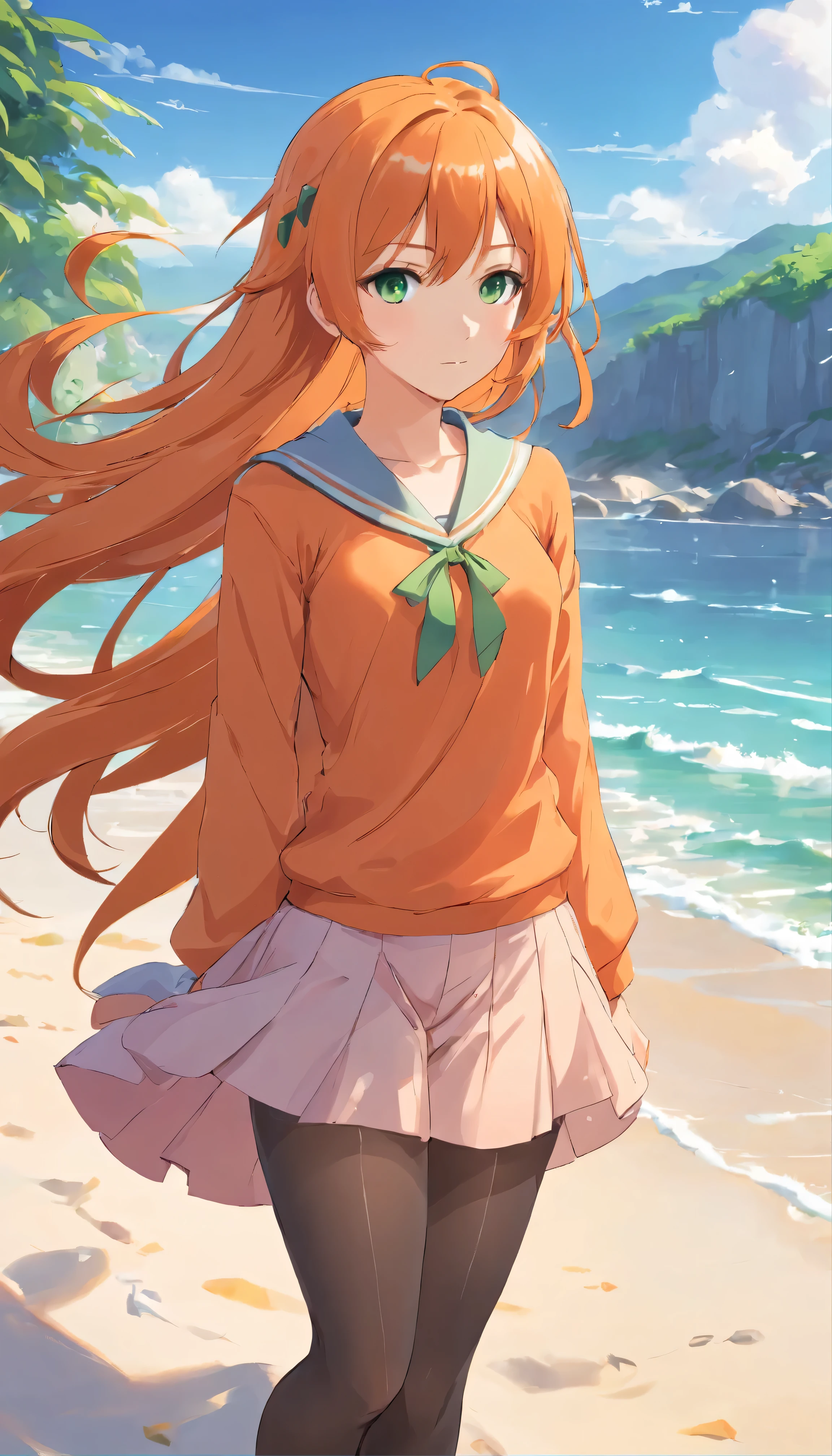 Anime girl with long orange hair, standing on the beach near the ocean, green eyes detailed digital anime art, anime girl with long hair, гладкое аниме cg art, anime girl with long hair, digital anime art, work in Guweiz style, Beautiful anime portrait, Photorealistic render of an anime girl, pantyhose, Beautiful anime girl, advanced digital anime art, guweiz на artstation pixiv HD UHD HQ