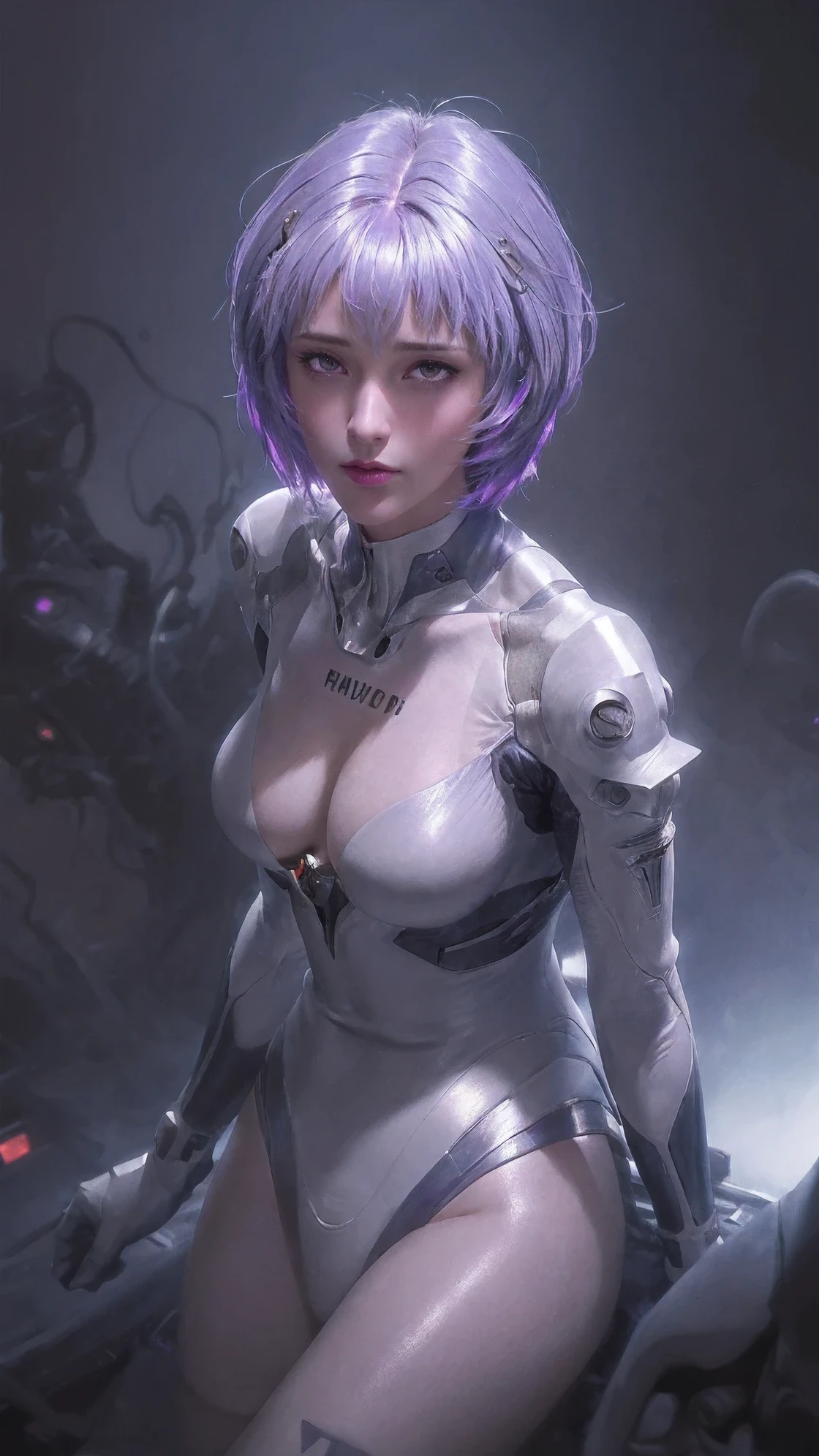 cowboy shot,rei ayanami,adult version,40 years old,evangelion body suit,dark,long purple hair,beautiful detailed eyes,beautiful detailed lips,extremely detailed eyes and face,long eyelashes,serious expression,futuristic city backdrop,neon lights,blue and purple color palette,portraits,studio lighting,vivid colors,ultra-detailed,realistic,photorealistic,photo-realistic,Raw,16K,ultra high res,cinematic shot,twilight lighting,volumetric lighting,dramatic lighting,(sharp focus,photorealistic,realism,depth_of_field:1.5),