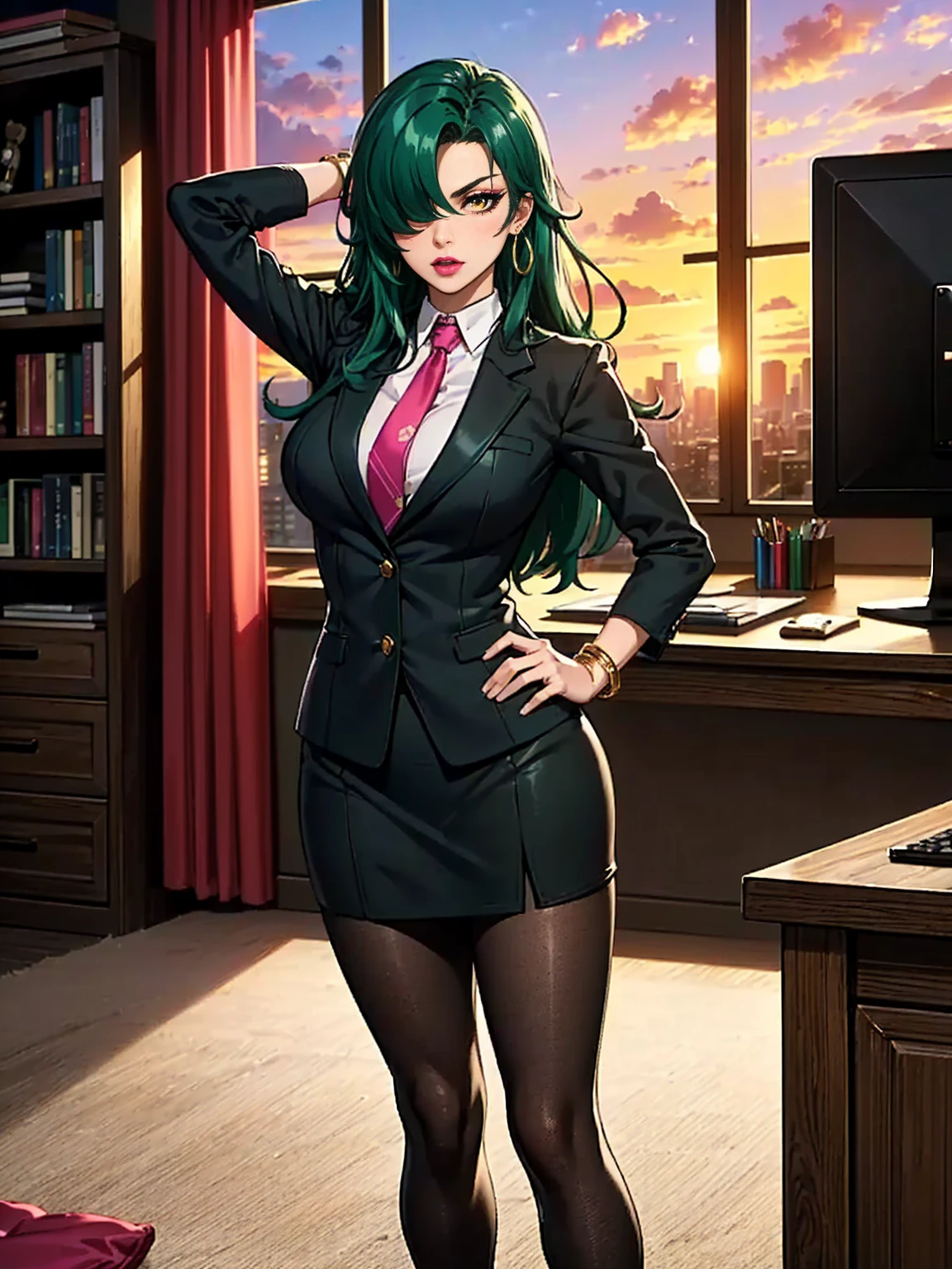 ((1girl, solo ,alone, long hair, green hair, yellow eyes, hair covering one eye, woman, (one hand on her hip, one hand behind her head) , dynamic pose, muscular female, gold bracelets, ruby earrings)),((solo, (1woman, pink lipstick), Extremely detailed, ambient soft lighting, 4k, perfect eyes, a perfect face, perfect lighting, a 1girl)), austere, ((officelady, (businesswoman, tie), Black suit, Black tight skirt, White blouse, Black tights, Office, lana, Beautiful woman, gazing at viewer, Looking here, hight resolution, top-quality, animations, illustratio, office, penthouse, executive room, large window, landscape of a metropolis, sunset, clouds)), documents, books, table, shelves, pencil holder, computer