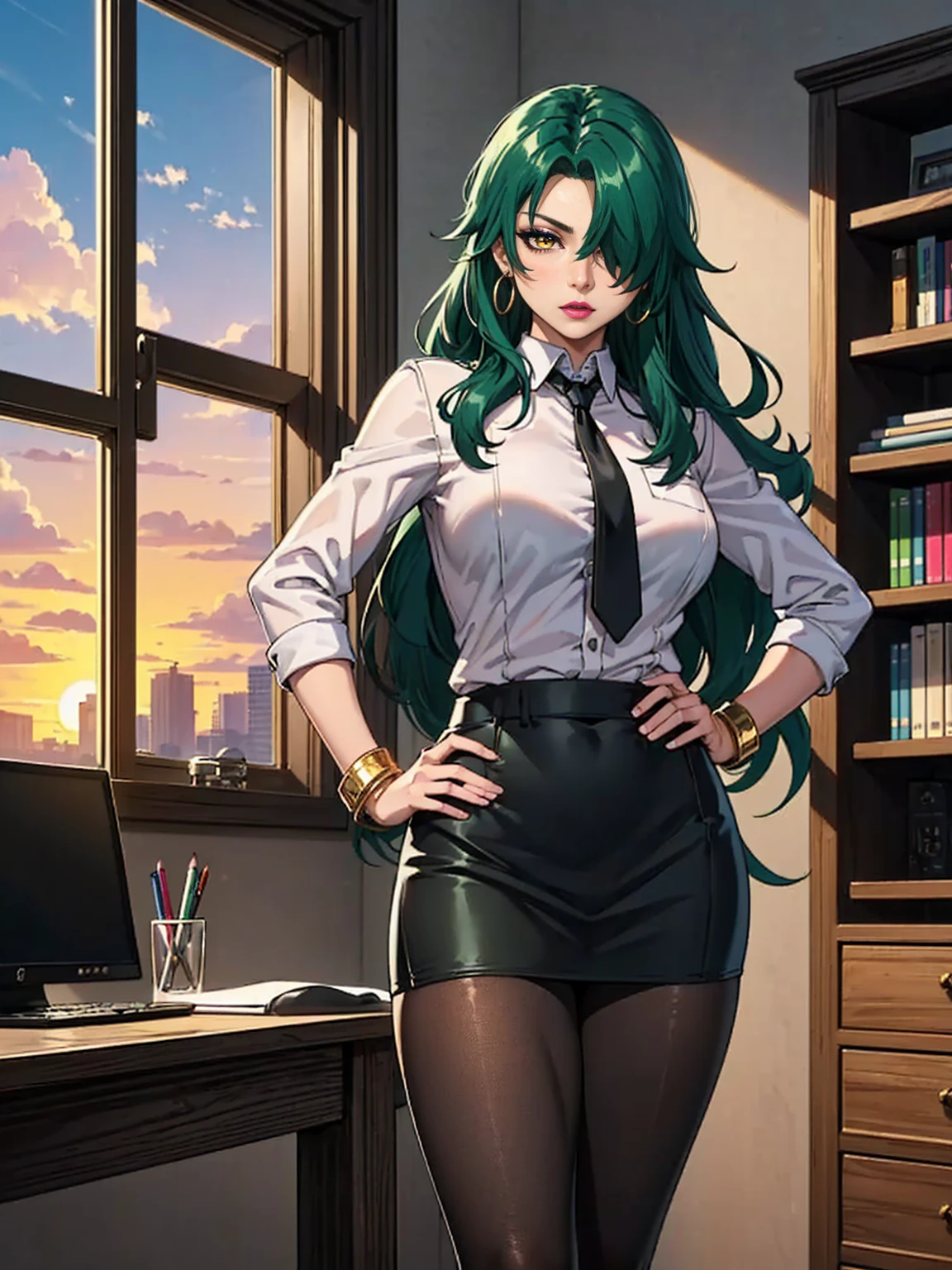 ((1girl, solo ,alone, long hair, green hair, yellow eyes, hair covering one eye, woman, (one hand on her hip, one hand behind her head) , dynamic pose, muscular female, gold bracelets, ruby earrings)),((solo, (1woman, pink lipstick), Extremely detailed, ambient soft lighting, 4k, perfect eyes, a perfect face, perfect lighting, a 1girl)), austere, ((officelady, (businesswoman, tie), Black suit, Black tight skirt, White blouse, Black tights, Office, lana, Beautiful woman, gazing at viewer, Looking here, hight resolution, top-quality, animations, illustratio, office, penthouse, executive room, large window, landscape of a metropolis, sunset, clouds)), documents, books, table, shelves, pencil holder, computer