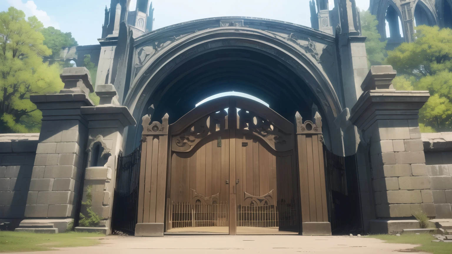 entrance to a gigantic abandoned and destroyed cathedral, (gigantic), (entrance to a gate), (destroyed stone bridge entrance to a gigantic abandoned and destroyed cathedral, (large wooden gates), (gate), day, florest
