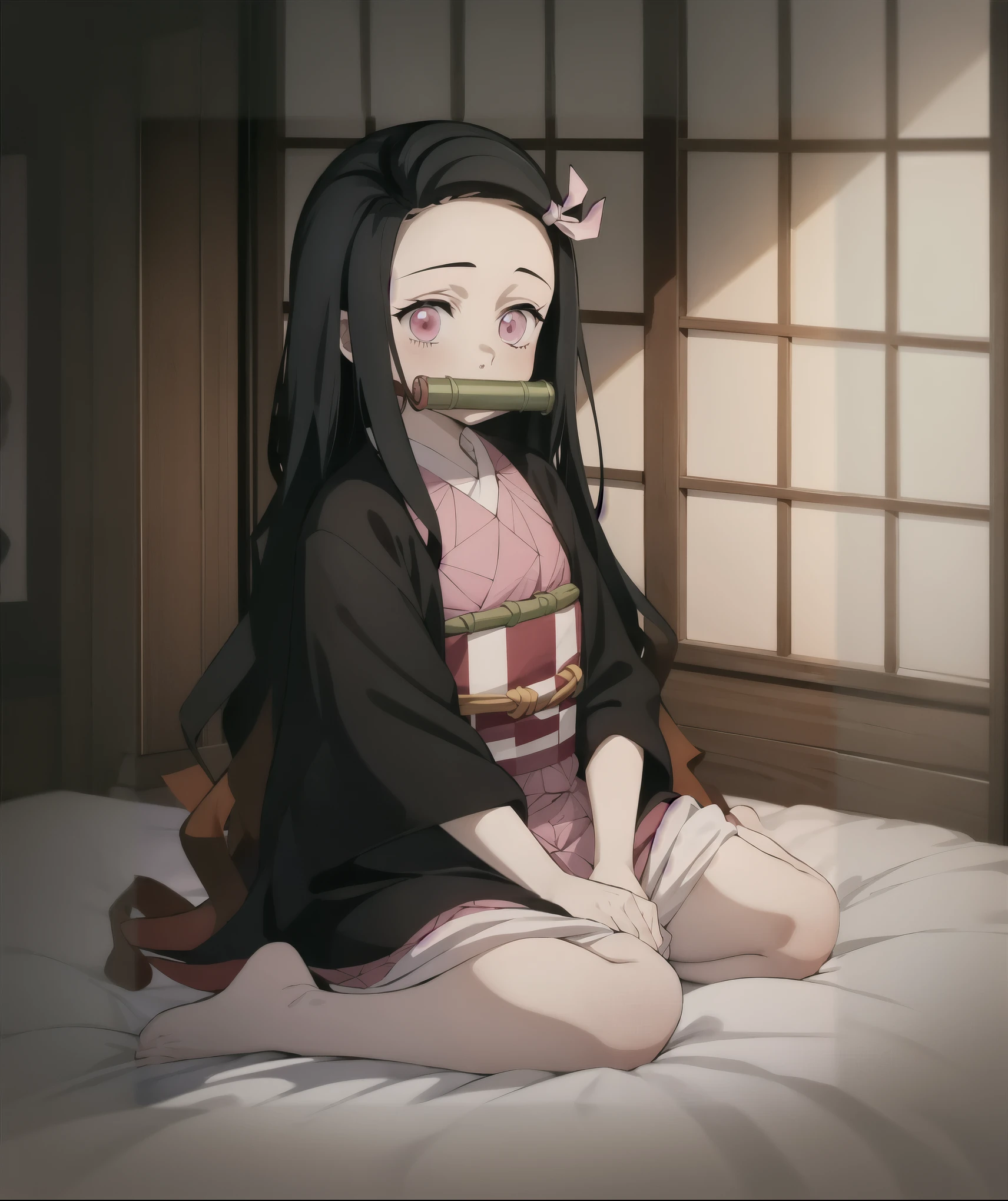 Nezuko is sitting on the bed in her room