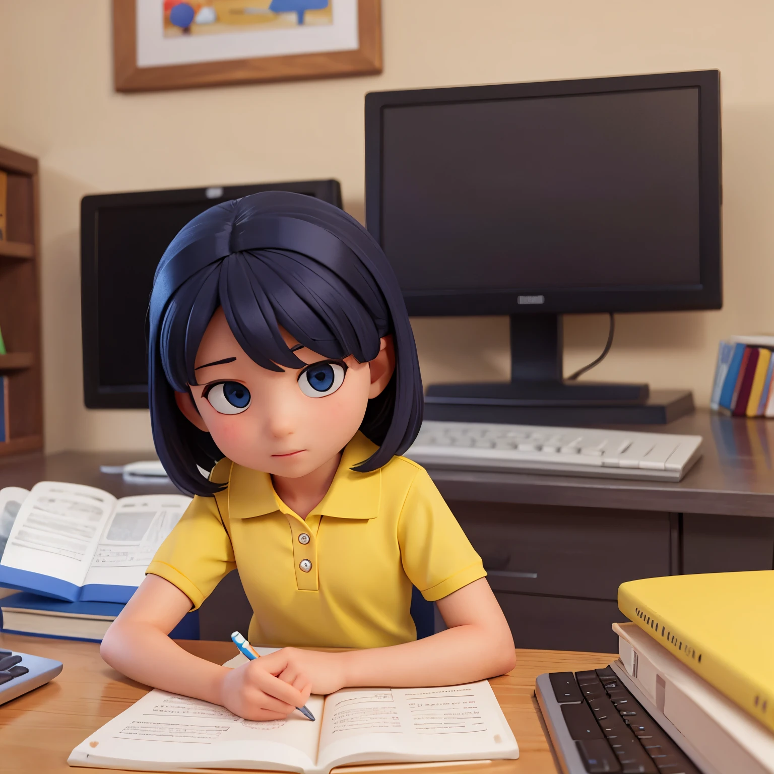 7 year old girl in yellow polo and blue skirt using a computer to study