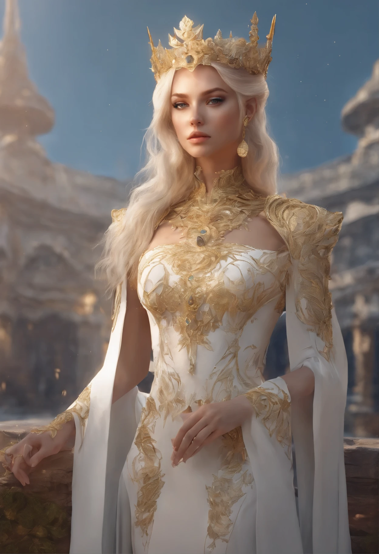 mulher loira com um vestido dourado posando em um campo, obras de arte no estilo de guweiz, princesa de cabelos loiros, olhos azuis, cores vibrantes,  karol bak uhd, Deusa Loira, estilo de arte de fantasia, linda donzela de fantasia, wlop e ross tran, blonde elven empress, linda mulher de anime sedutora, inspirado em WLOP, O primeiro trabalho de Guweiz, realistic fantasy rendering, cinematic quality 