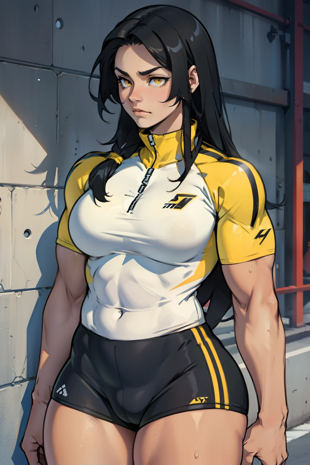 girl ((muscular)) thick thighs toned body breasts black hair yellow eyes athletic sad extremely long hair