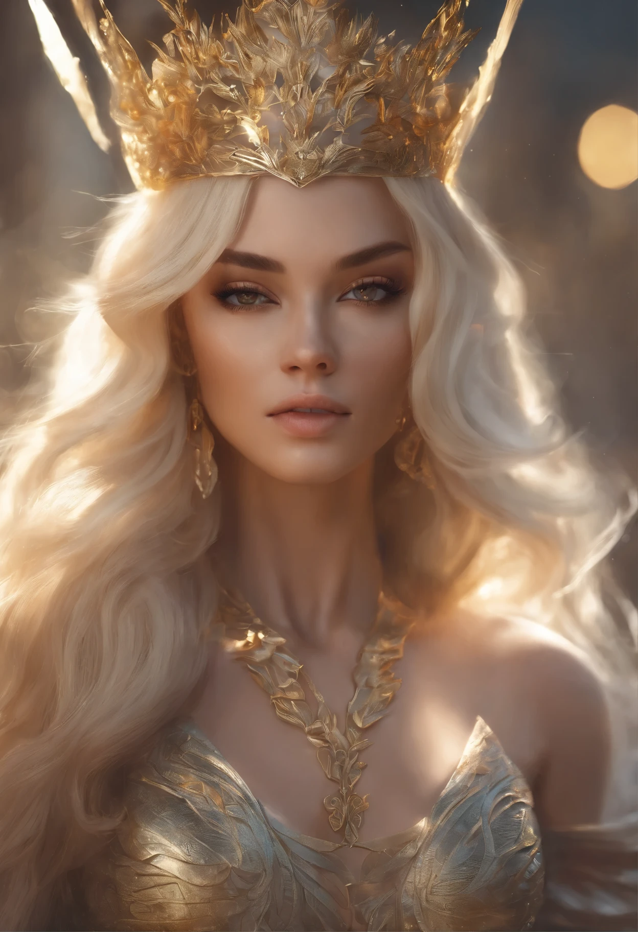 mulher loira com um vestido dourado posando em um campo, obras de arte no estilo de guweiz, princesa de cabelos loiros, olhos azuis, cores vibrantes, karol bak uhd, Deusa Loira, estilo de arte de fantasia, linda donzela de fantasia, wlop e ross tran, blonde elven empress, linda mulher de anime sedutora, inspirado em WLOP, O primeiro trabalho de Guweiz, realistic fantasy rendering, cinematic quality