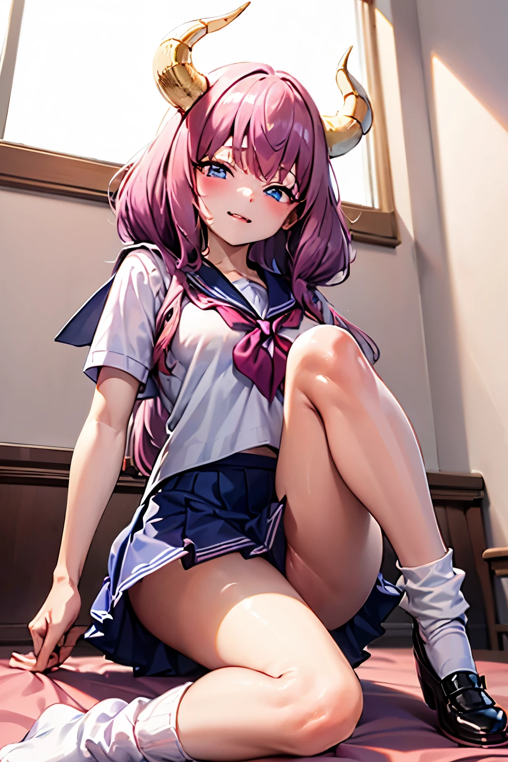 very delicate and beautiful girl,8k wallpaper,masterpiece,danntoudainoaura,Bedroom,1 girl,alone,devil&#39;s horns,devil girl,long hair,medium breasts,(school uniform),((loose socks)),pumps,white blouse,looking at the viewer、Photo from below、((sailor suit))、((mini skirt))、