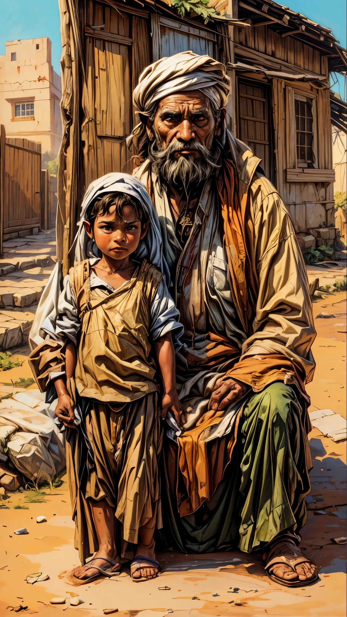 painting of a man and a sitting on a dirt ground, on a village, on a street, in a oil painting style, with a kid, best on wlop, on an indian street, on artstastion, in a village, on canvas, oli on painting, on center, an oldman, oil on canvas sharp, in this painting
