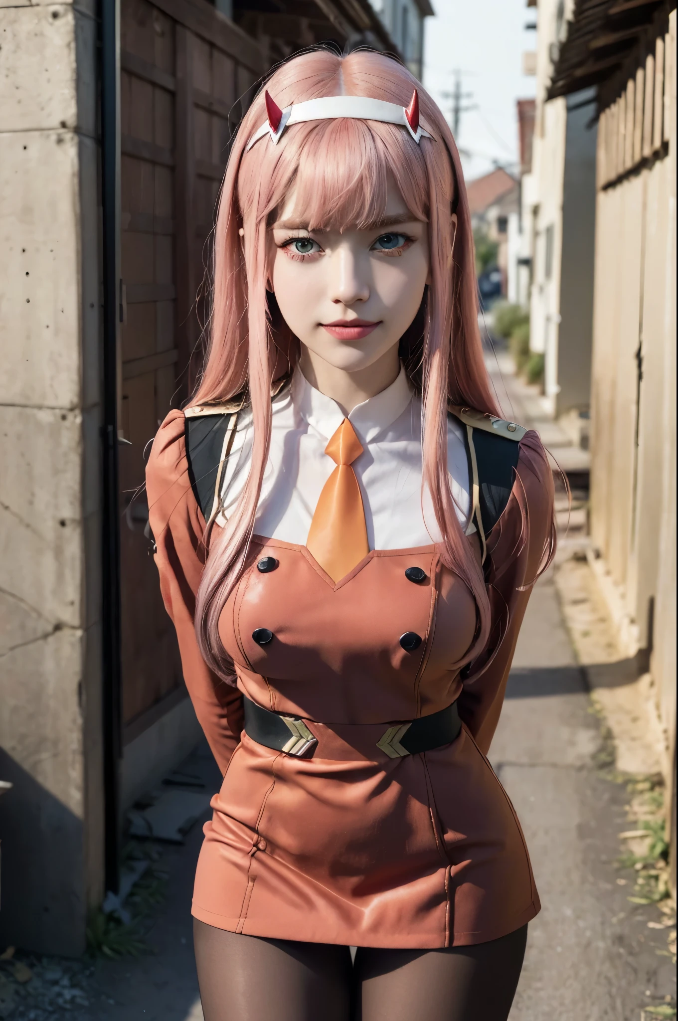 4k, raw camera, highres, masterpiece, portrait, aesthetic, beautiful, best quality, highly detaile, best quality clothing, aesthetic clothings, professional angle, rule of thirds, Feminine, delicate, beautiful, 19 years, attractive, solo, 1 girl, (Zero Two), (In an alley), (Upper Body, Close Up), ((From Looking at Viewer)), (Low Lighting), ((Smiling)), (Long Hair, Pink Hair, Very Straight Hair, Bangs, Blunt Bangs Hair, Little Red Oni Horns in hair), (Open Eyes, Aqua Eyes, DarkPink Eyeliner in Eyes, Very Cheerful Gaze), Soft Skin, (-), ((Standing, (Leaning Forward), Straight-On)), Beautiful Teeth, Perfect Teeth, White HairBand, (Half Open Mouth), (Natural Lipedium Breast), ((Arms Behind Back, Hands Behind Back)), (Red Military Uniform, Full Black Tights, Necktie, Orange Necktie, Opaque Clothing, High Quality Clothing), (No Neckline), beautiful body, beautiful eyes, shiny eyes, shiny hair, beautiful mouth, beautiful lips, beautiful face, hd, matt suit
