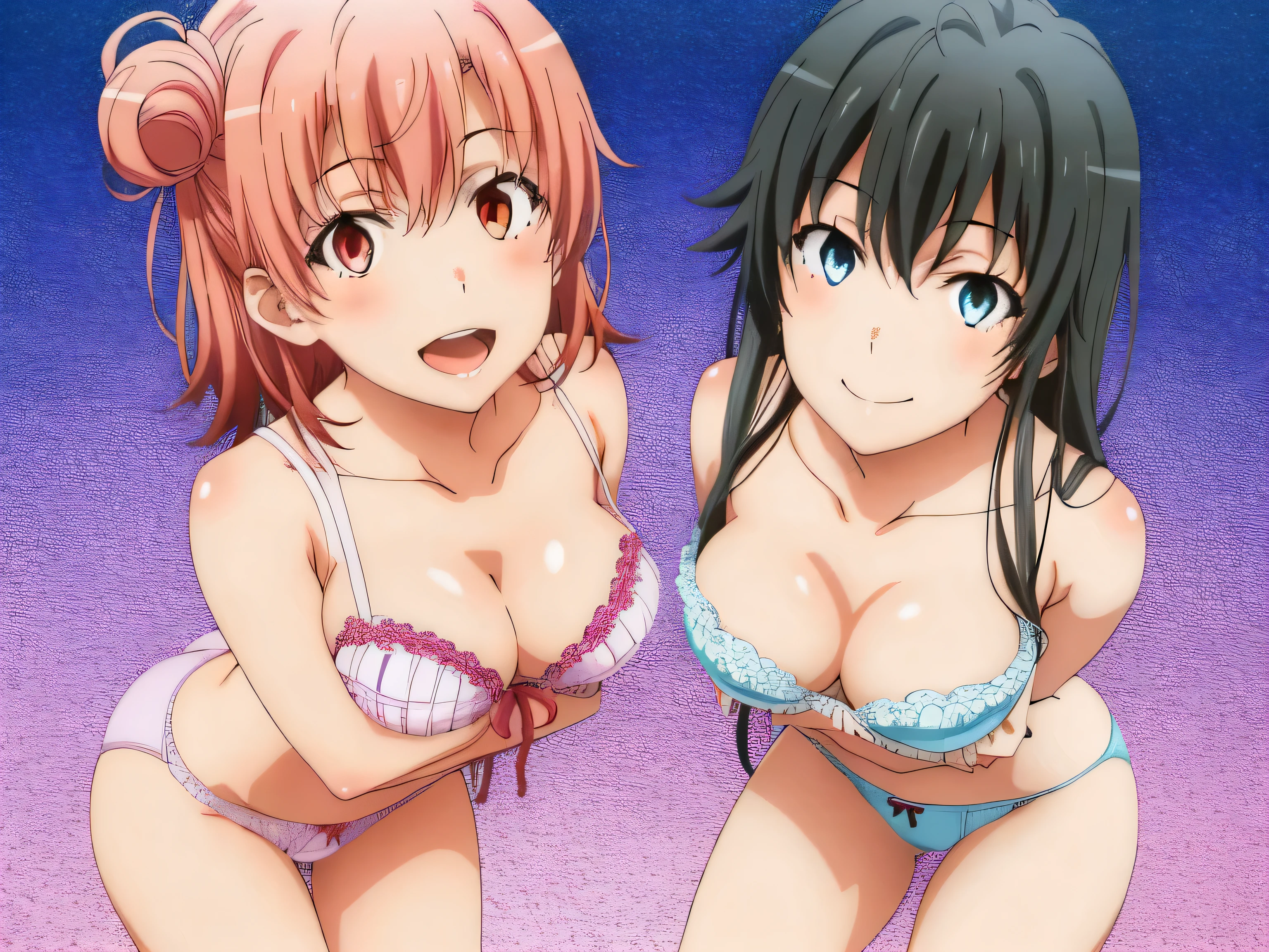 ((2 girls:1.0)), (Yuigahama Yui shapely breasts),(Yukinoshita Yukino),pin up,In underwear,pink panties,,Ribbon on panties,white panties,thighs,knees,front,looking at camera,(high angle),smile,open your mouth,Panoramic view of the head,beautiful eyes