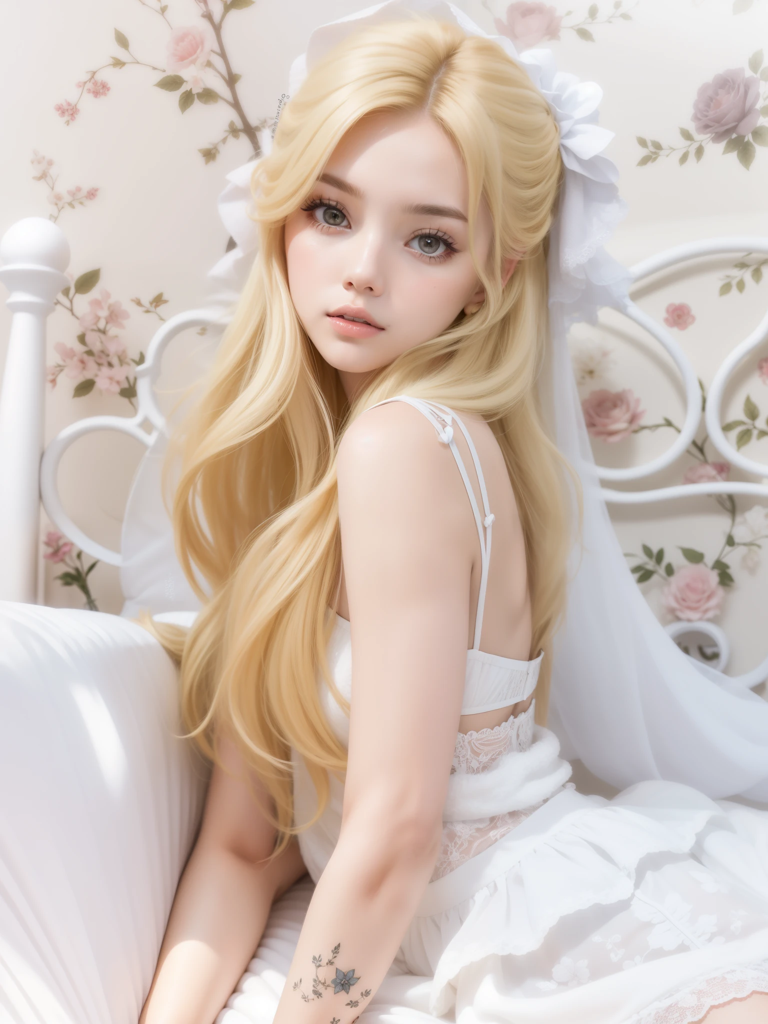 Chica araffe con cabello largo y rubio sentada en una cama., ulzzang, guweiz, con pelo largo y rubio, con pelo largo y blanco, con el pelo largo y blanco, princesa de pelo rubio, chica anime rubia con pelo largo, obra de arte al estilo de guweiz, pelo largo y rubio y ojos grandes, long shiny ethereal hair, pelo amarillo claro