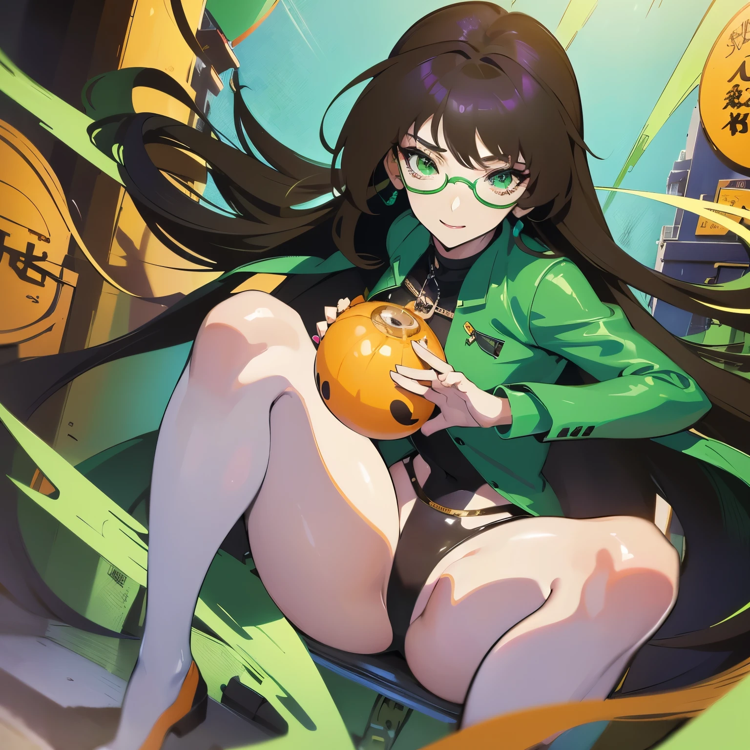 You can create a female anime character in the Boku no hero style with the following characteristics.
Chica con lentes, with black hair with green bangs wearing a Hero costume that consists of a light green and light brown tight-fitting suit, acentuado con rayas naranjas. The suit appears to have a pair of green gloves with orange details on the edge of the cuff. The design is similar for your "botas" que se cortan en el muslo en forma de V profunda. The suit also has three peculiar diamond-shaped orange dots on the purple top that are located under his chest..