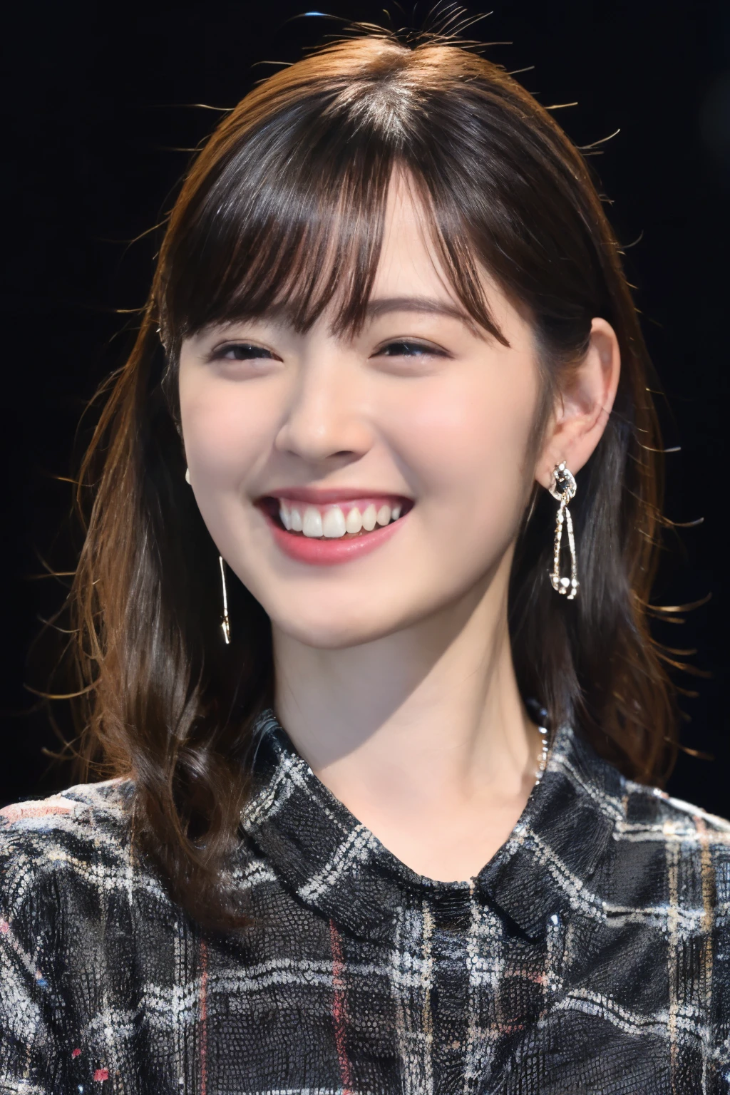 highest quality, masterpiece, ultra high resolution, (realistic:1.4),very detailed,professional lighting smile,black hair、toothy smile、black hair、ear piercing、hairstyle shortcut、necklace around neck