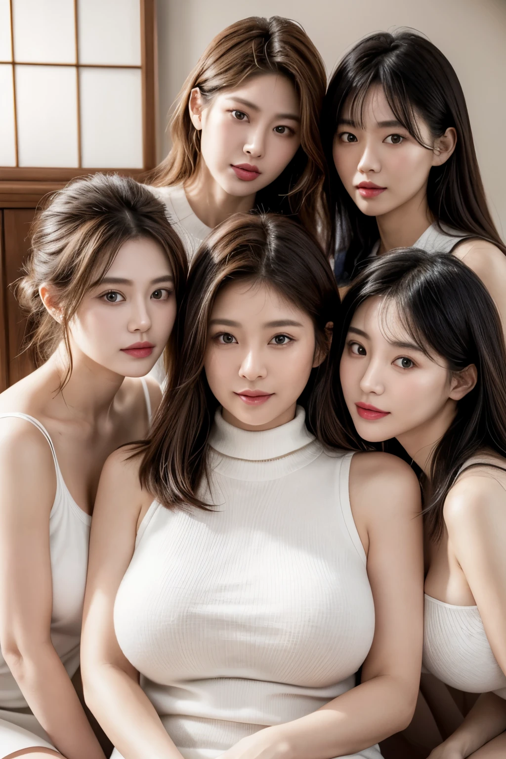 (best quality,4k,8k,highres,masterpiece:1.2),ultra-detailed,(realistic,photorealistic,photo-realistic:1.37),Japanese,most beautiful,three,mothers,taking a group photo of three most beautiful Japanese mothers,with different types and hairstyles, but they are all beautiful.,((Everyone is proud of their large breasts,)).,different poses,each wearing a white high-neck sleeveless sweater,the room is filled with fragrance,((Everyone emphasizes their large breasts)),topless,living room