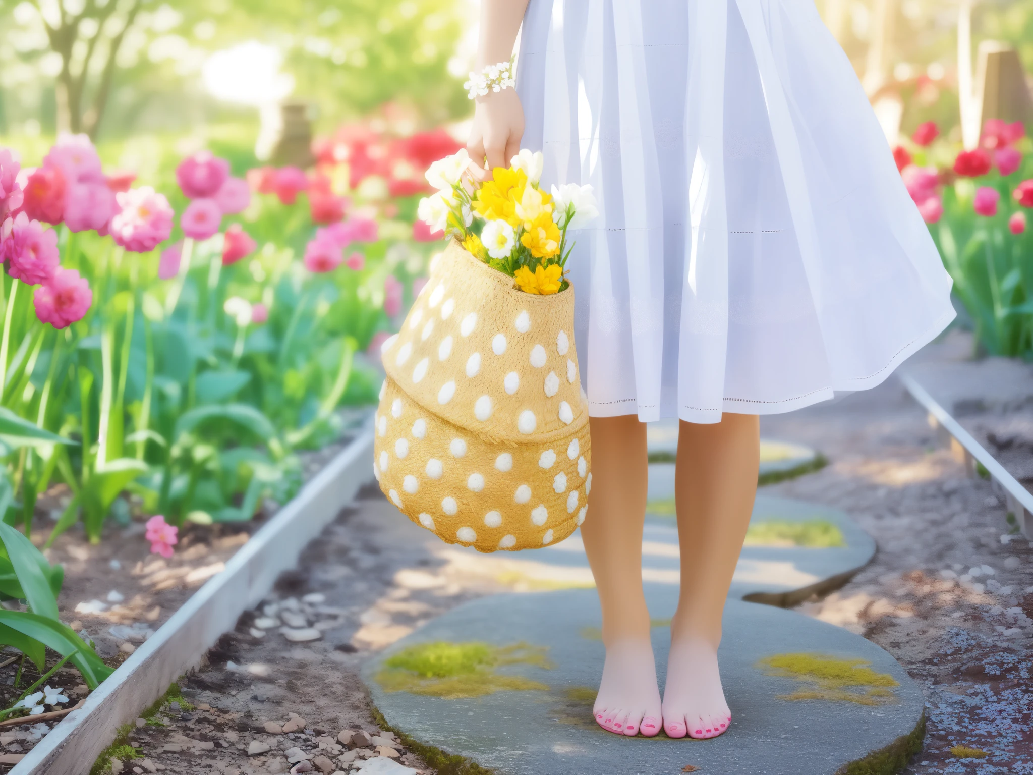 there is a woman standing on a stone platform holding a basket of flowers, carrying flowers, holding flowers, picking flowers, girl walking in a flower field, girl walking in flower field, delightful surroundings, midsommar style, beautifully lit, with an easter basket, walking at the garden, crisp details, with flowers, beautiful image, wearing a white sundress