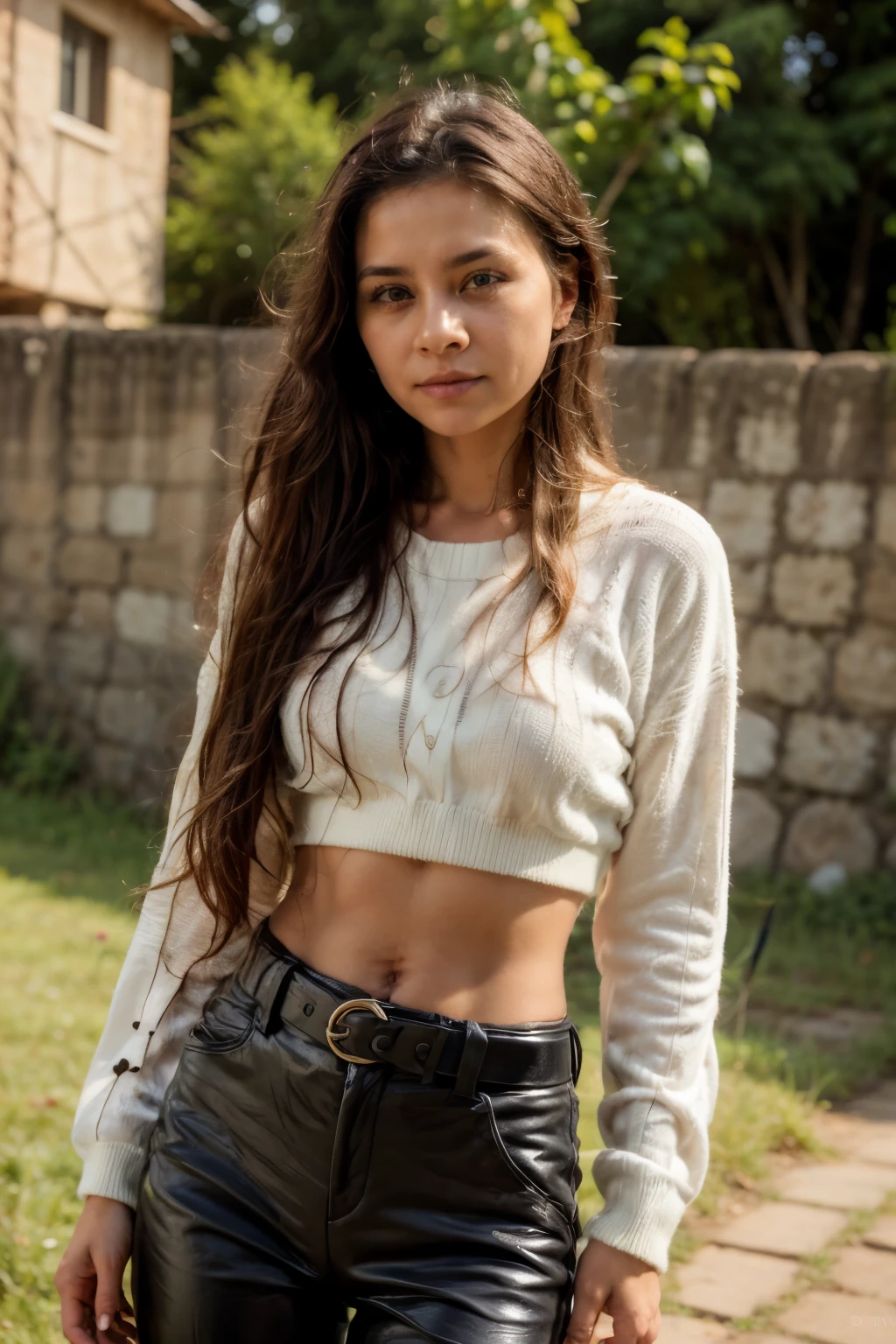 bigfaketits, primeiro plano: Uma linda mulher europeia, 18 anos, cabelos ondulados molhados ao vento. She is a men&#39;s magazine model, She has a subtle smile and flirts with the camera, (She wears casual shirt with long woolen sweater and latex pants with big belt:1.2),fundo lindo quarto moderno, Olhos perfeitos, perfect hands, corpo perfeito, cabelo perfeito, peito perfeito, hair behind the ear, Ultra HD, Retina, obra de arte, Preciso, anatomicamente correto, Pele Texturizada, Super detalhe, Detalhes altos, alta qualidade, premiado, melhor qualidade, high resolution, 16K, 8K,