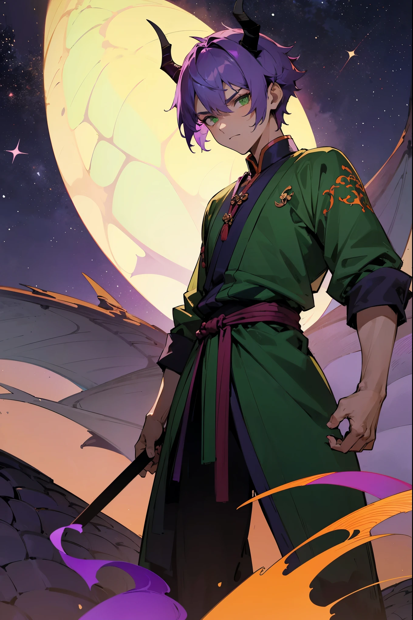 1male, short rough hair, purple hair, dragon horns, green eyes, dragon scales, dark martial arts clothing, serious expression, starry background, martial arts school background, detailed background, standing on path