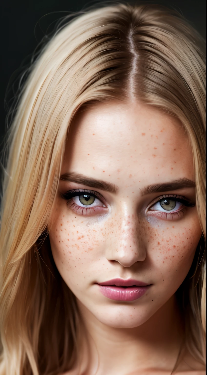 beautiful lady, freckles, dark makeup, hyperdetailed photography, soft light, head and breast portrait, cover,, best quality, (detailed beautiful face, detail skin texture, ultra-detailed body:1.1)