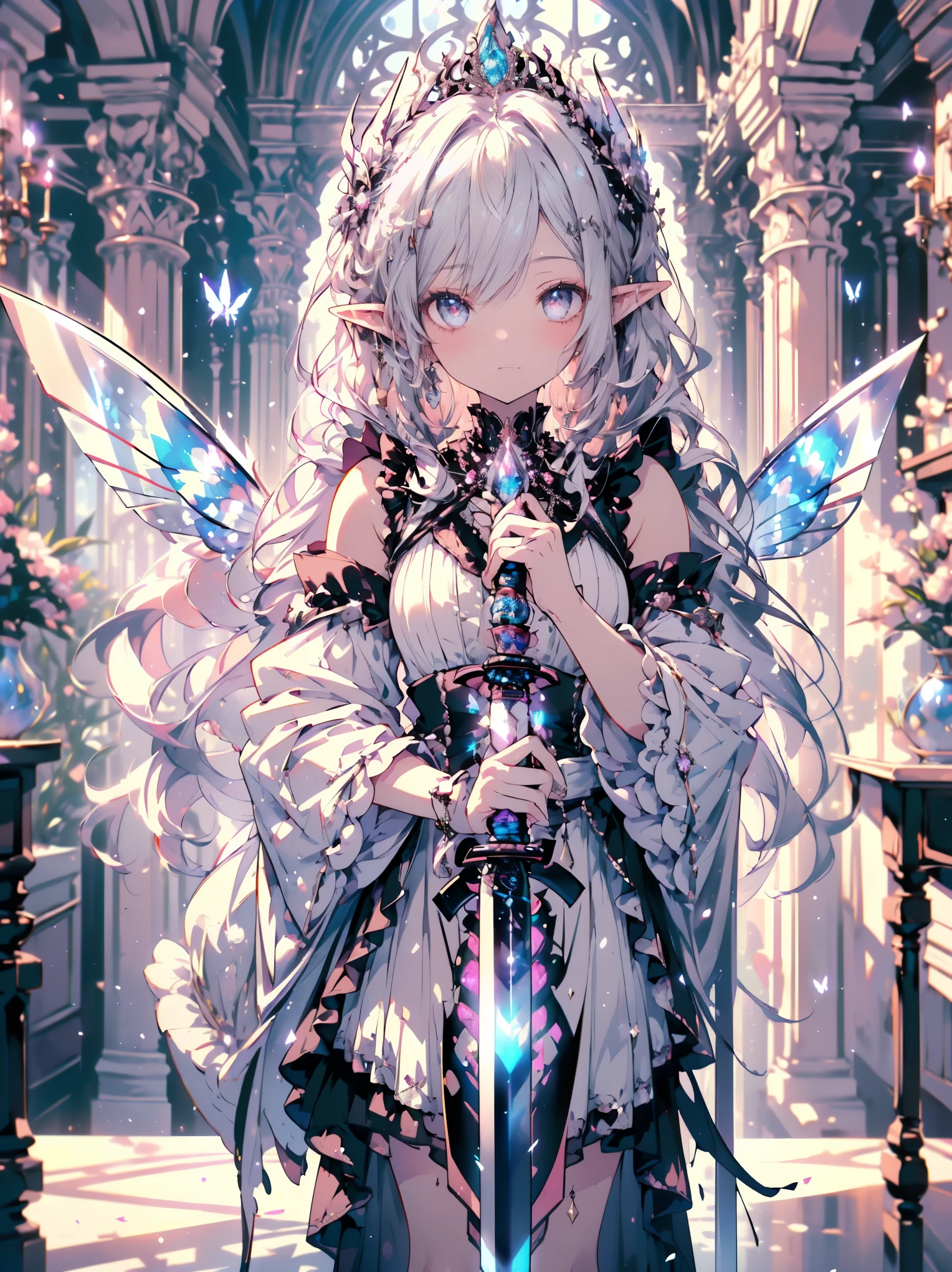 (masterpiece,highest quality, very detailed, beautiful, exquisite, 16k, Full HD),((body whole)), ((dark gothic castle background)),((seriously,murderous intent:1.5)),(pale flame magic),((frills, rhinestones and silver,black fluffy layered ball gown)),((have a sword:1.5)),((butterfly wings)),(black tiara,black choker,Black earrings,Black shoes,),(Silver medium hair,hair blowing in the wind, fluffy hair),(white skin,lavender eyes, long eyelashes, Big eyes,pale pink cheeks, pointy ears), (table top, art station, fantasy art:1.2),