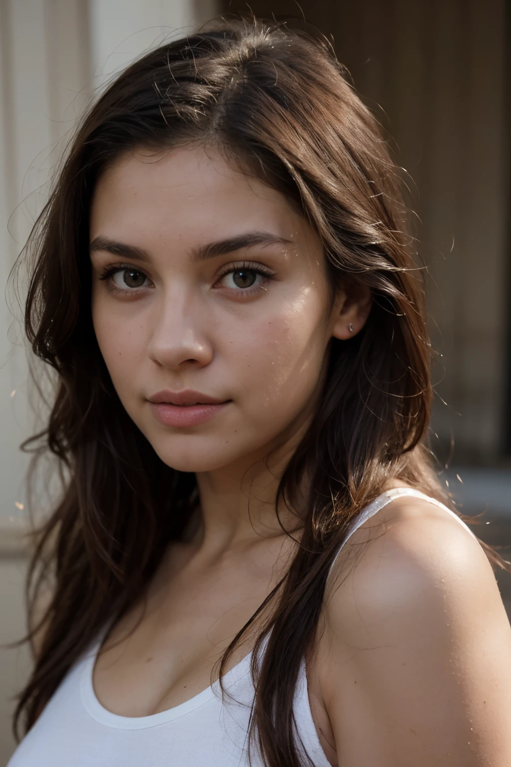 a close up of a woman with long hair and a white tank top, gorgeous young model, beautiful young girl, mixed-race woman, photo of a beautiful woman, portrait of a beautiful model, beautiful young woman, beautiful model, young woman with long dark hair, a beautiful young woman, photo of young woman, mixed race woman, she has olive brown skin