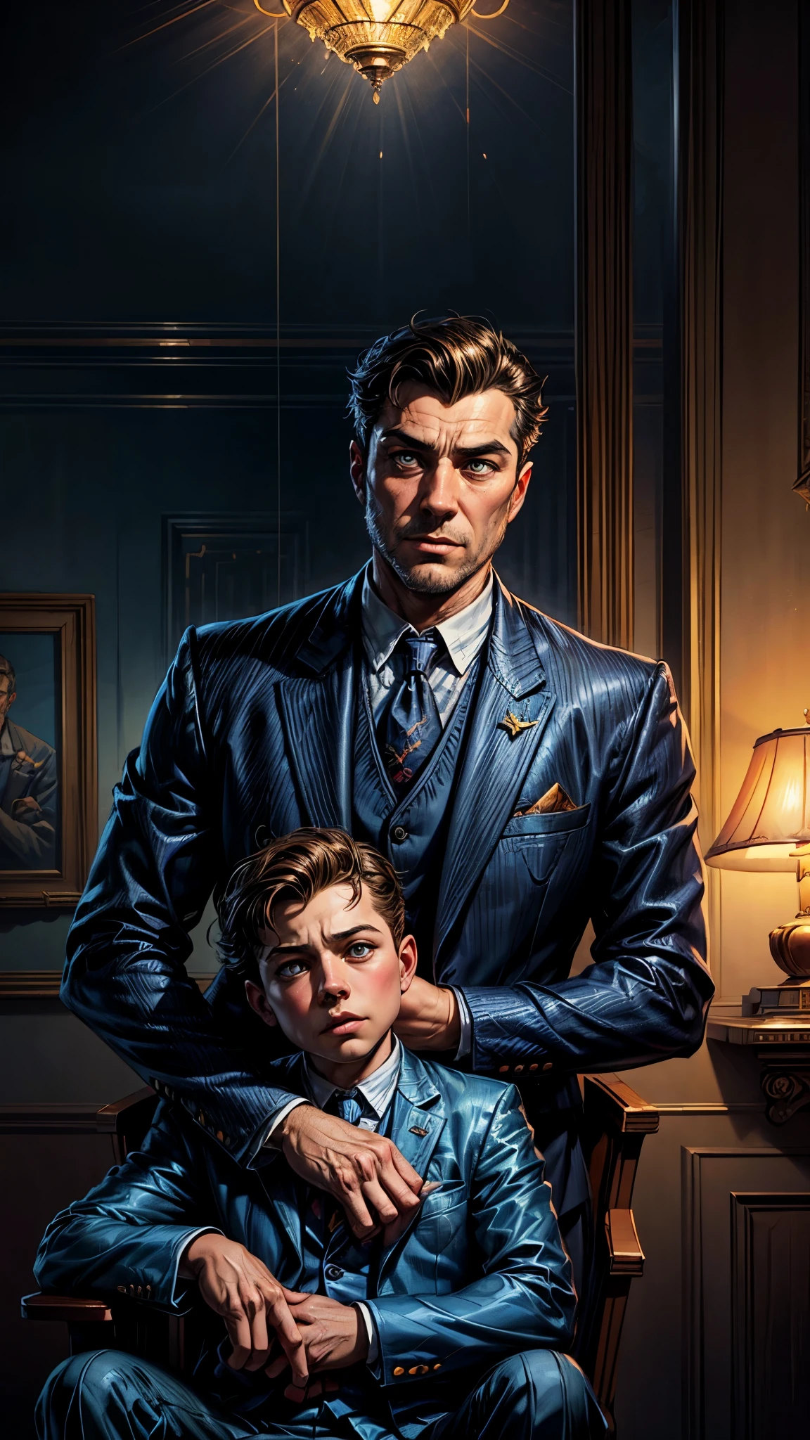 Ilustration of a man and a boy in suits sitting on a chair, concept art of single boy, male art, style of dragan bibin, super realistic painting style, father with , fatherly, suit and tie, father, pino daeni and dan mumford, well dressed, well - dressed, by Anton Fadeev, elegant digital art