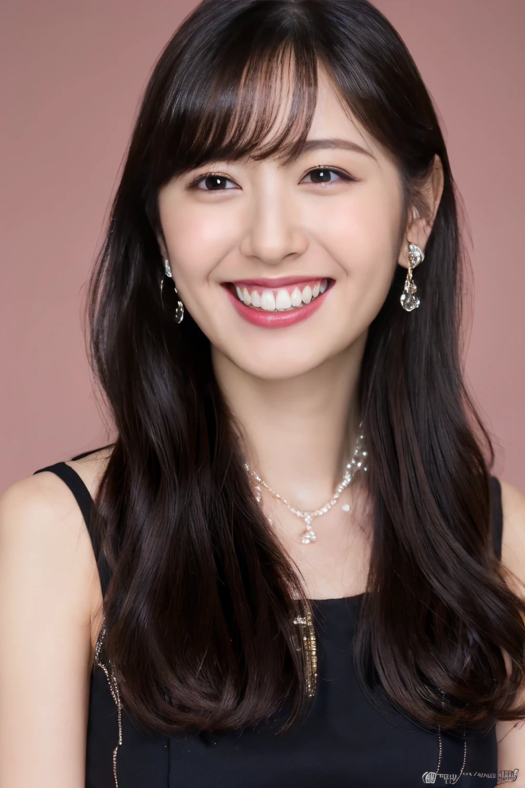 highest quality, masterpiece, ultra high resolution, (realistic:1.4),very detailed,professional lighting smile,black hair、toothy smile、black hair、ear piercing、hairstyle shortcut、necklace around neck