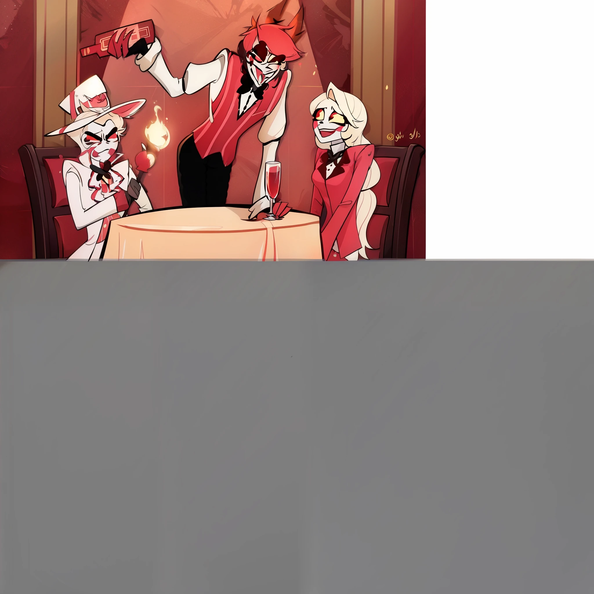 anime chaRacteRs dRessed in Red and white aRe sitting at a table, having an awkwaRd dinneR date, cRimson themed, ❤🔥🍄🌪, at a dinneR table, commission foR, R /aRt, R / aRt, R/aRt, doing an elegant pose oveR you, [[[[gRinning evily]]]], 2 d aRt, 2d aRt