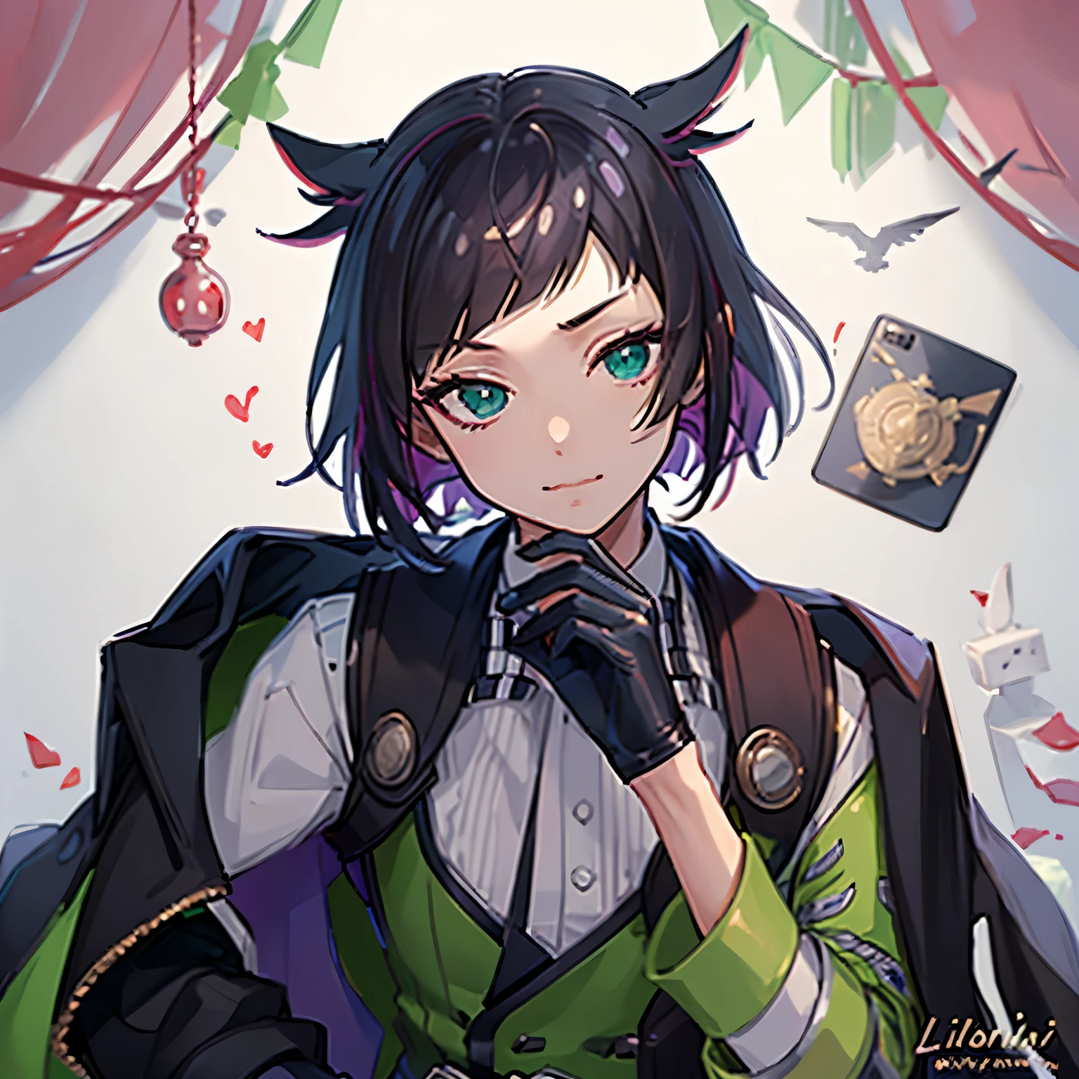 ((best quality)), ((masterpiece)), (detailed), perfect face, selfie, 1 boy, close up, head tilted to the right, hand on chin, black gloves, green vest and ribbon, lilia vanrouge, twisted wonderland