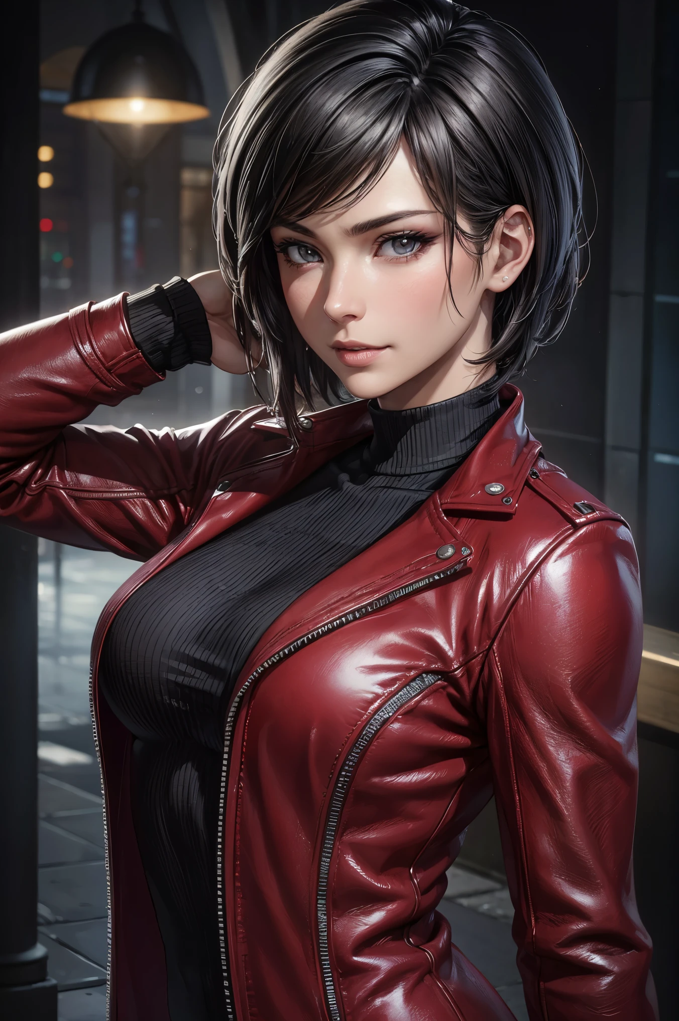 (4k,8k,best quality, masterpiece:1.2), ultra-detailed, realistic, perfect face, perfect nose, detailed hair, detailed eyes, detailed lips, realistic colors, studio lightning, (((medium short shot))), small mouth, looking at viewer, confident pose, serious look, Resident Evil 6,ada,Ada Wong,ultra-quality,Photorealsitic,a red jacket,Black leather pants,An ultra-high picture quality,Digital SLR,Based on anatomical grounds,Depicted in detail,A slight smile,Detailed face